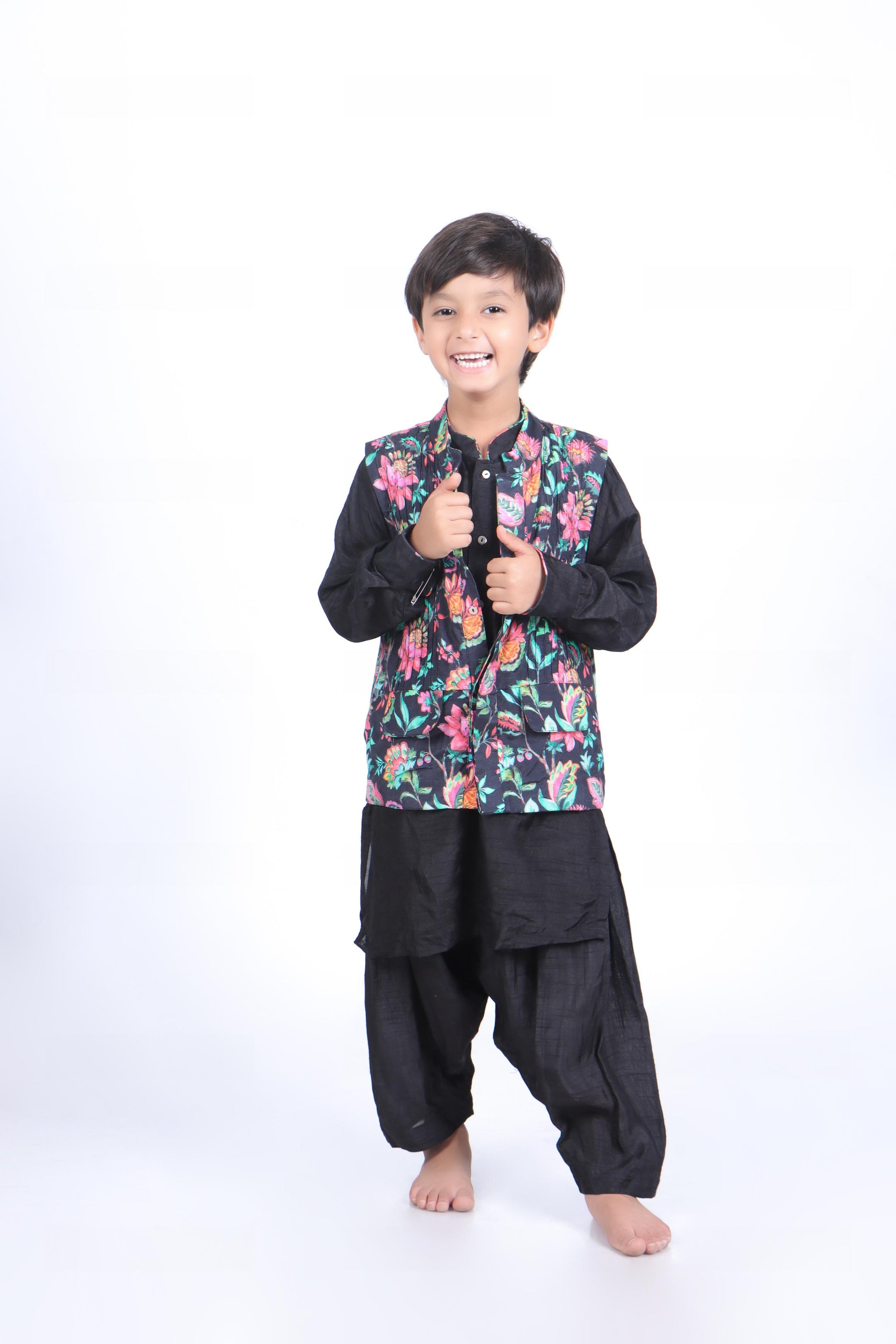Black Floral Jacket with Kurta and Patiala