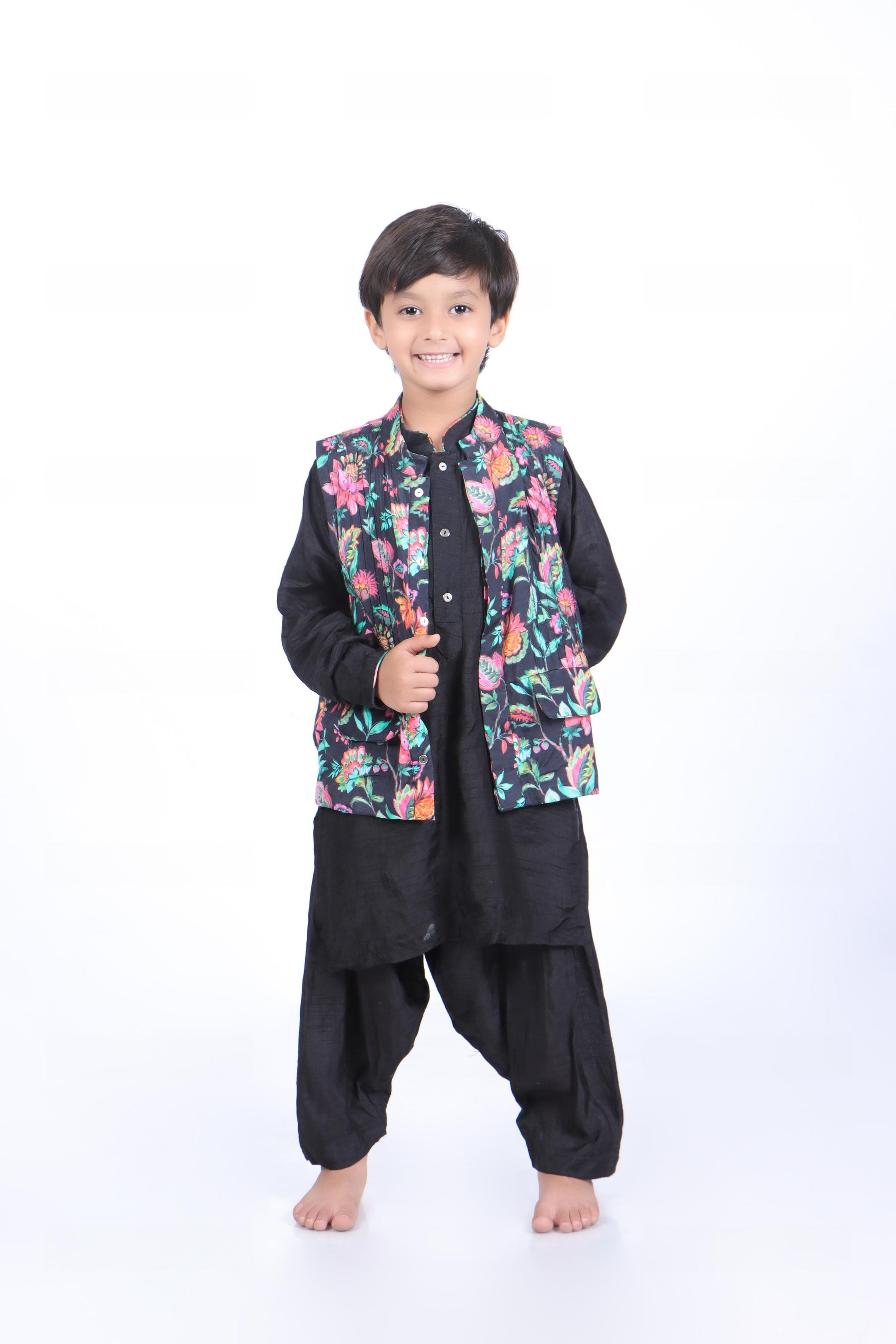Black Floral Jacket with Kurta and Patiala