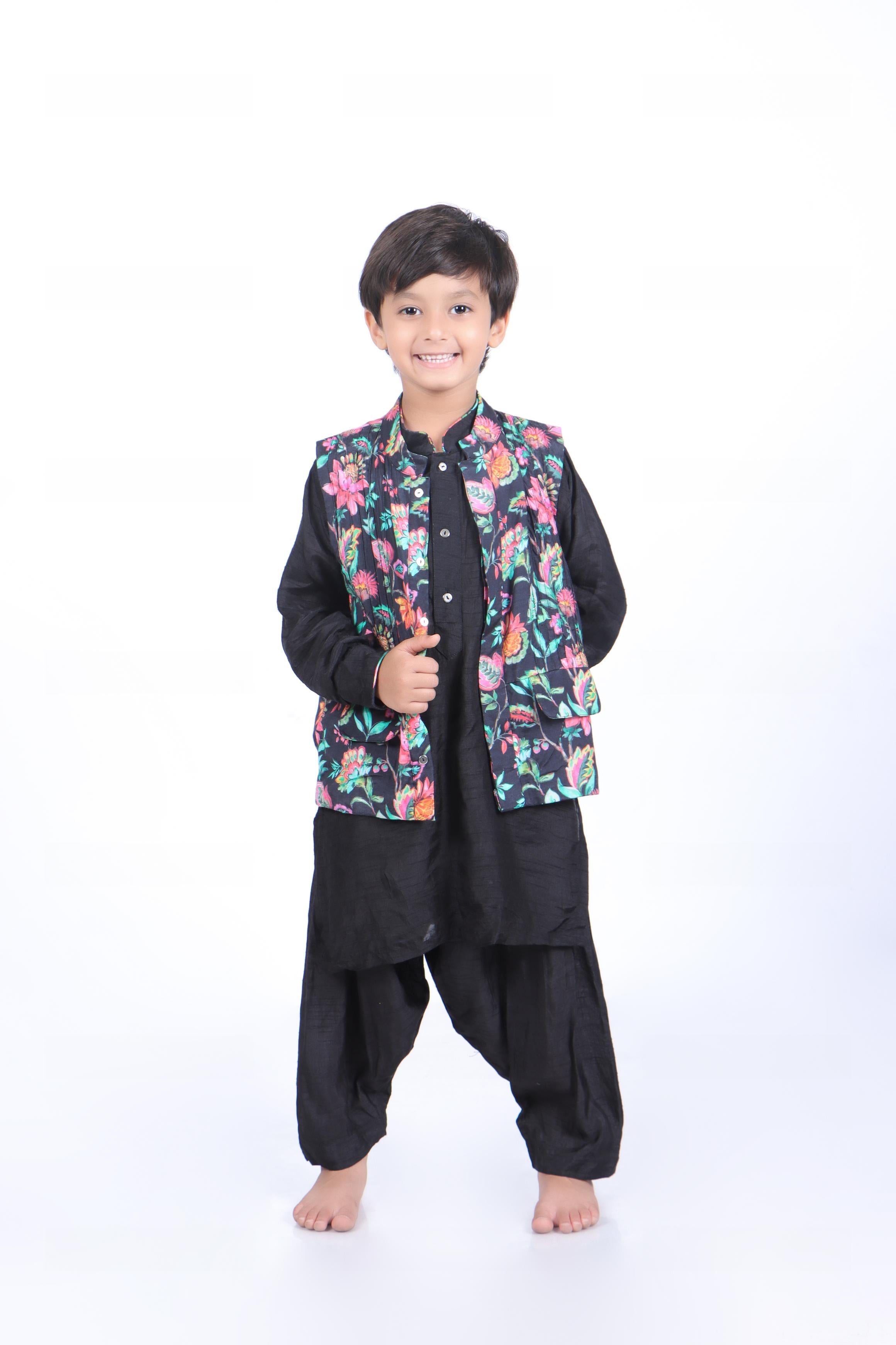 Black Floral Jacket with Kurta and Patiala