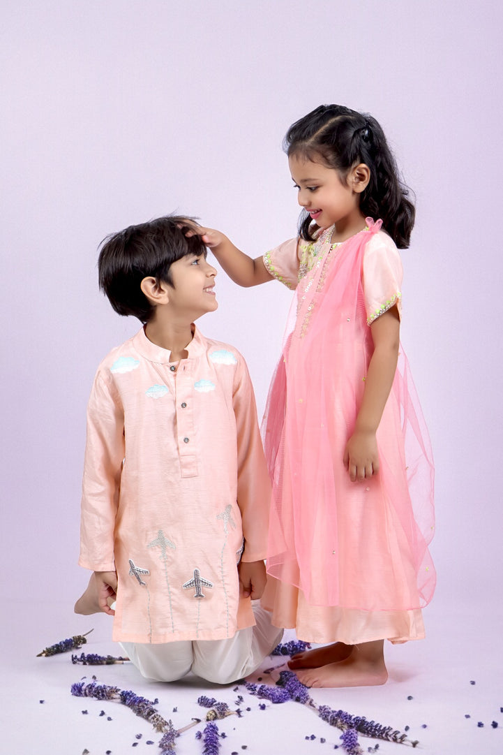 Anarkali with Attached Pink Dupatta and Airplane Kurta and Pyjama