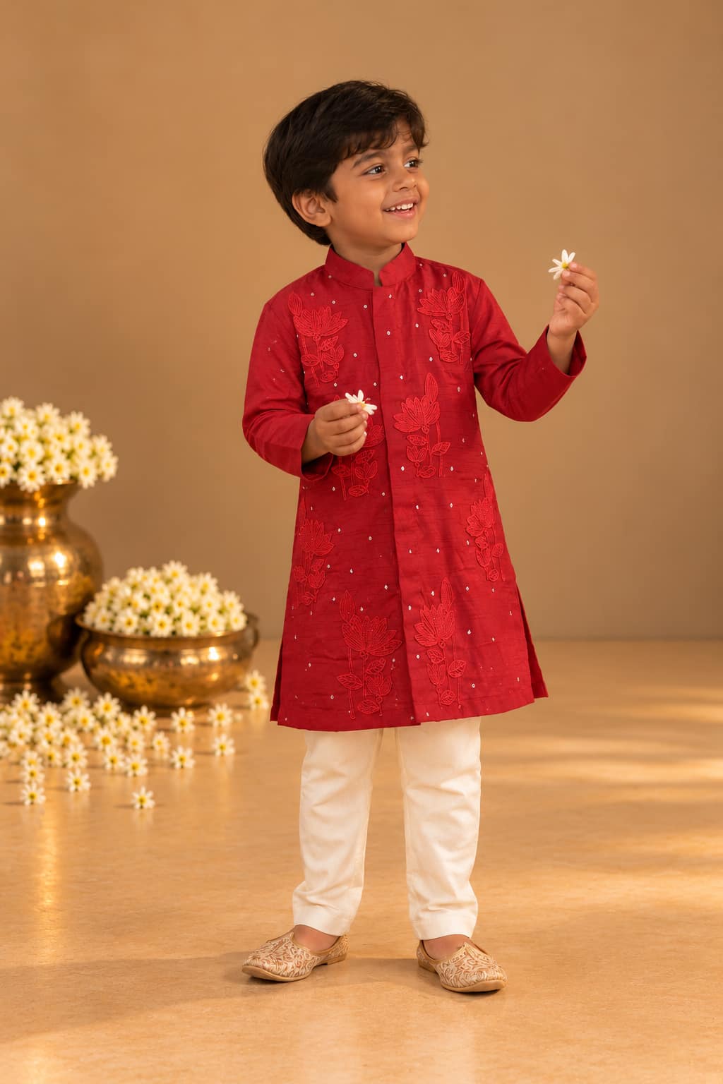 Zain — Lotus Embroidered Kurta & Pajama Set in Red