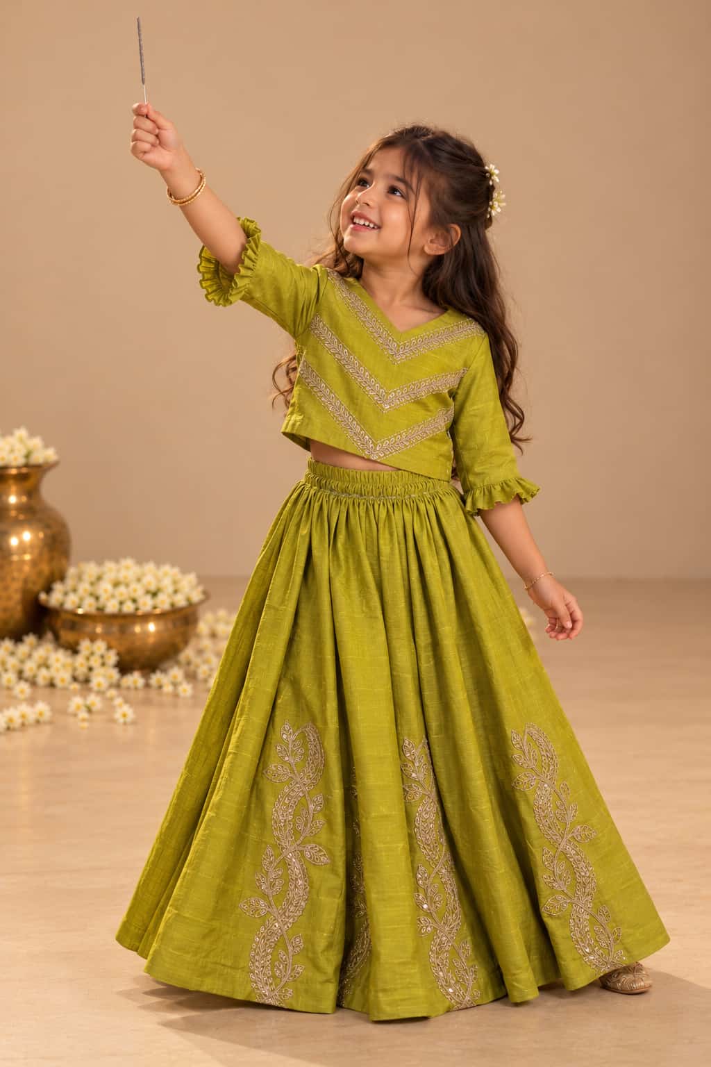 Ivy — Zari Leaf Embroidered Crop Top & Lehenga Set in Green
