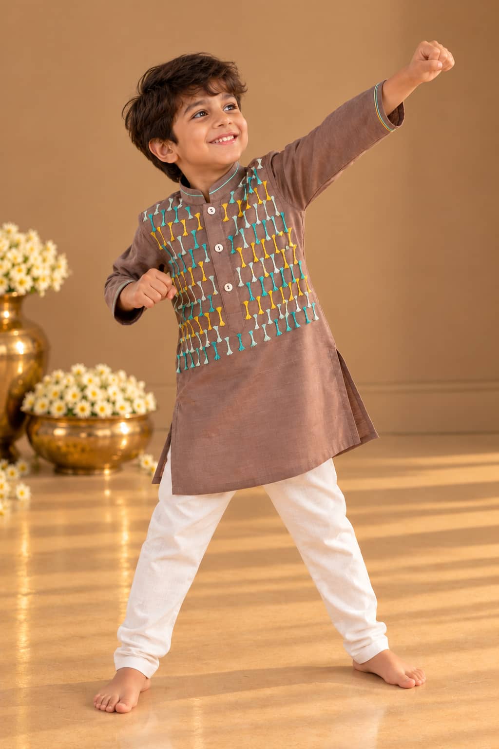 Hazel — Tassel Embroidered Kurta & Pajama Set in Brown