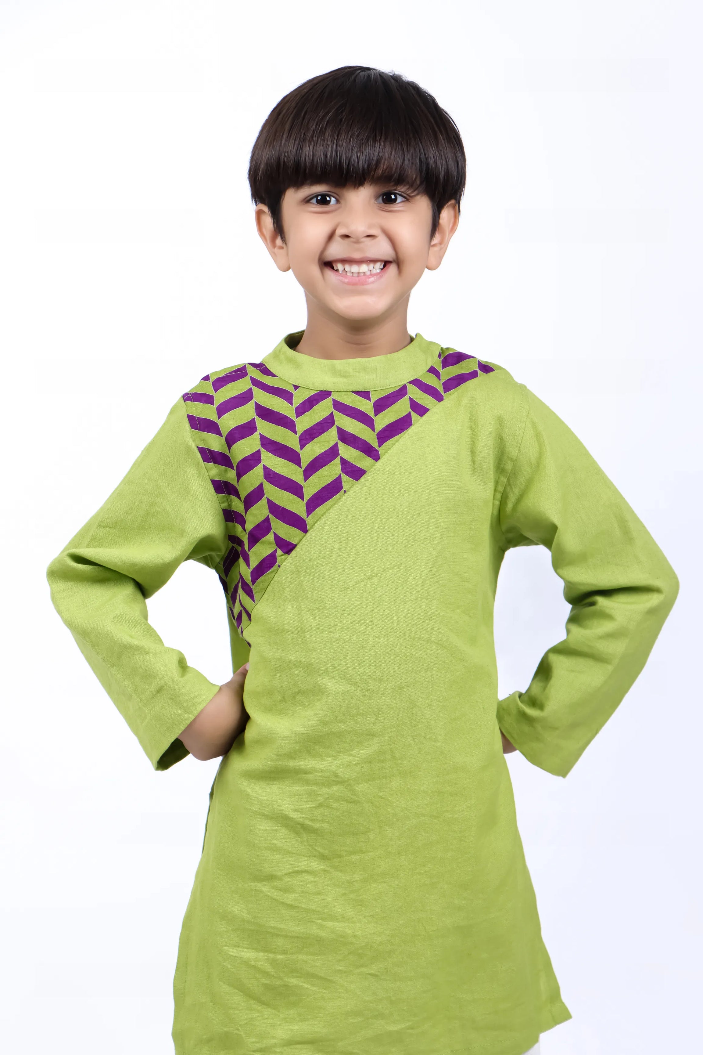 Green Kurta with Purple and Green Printed Yoke with White Pyjama