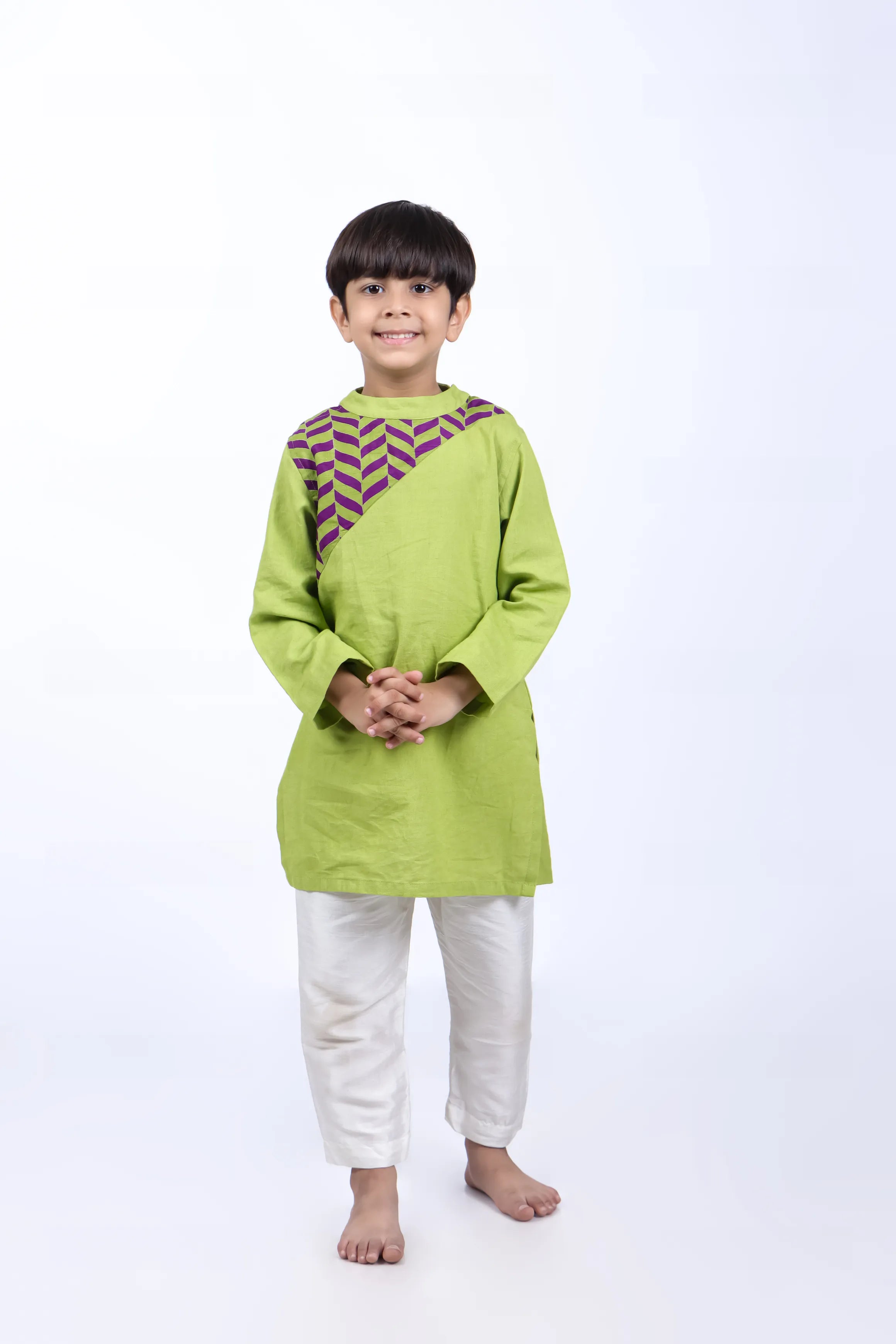 Green Kurta with Purple and Green Printed Yoke with White Pyjama