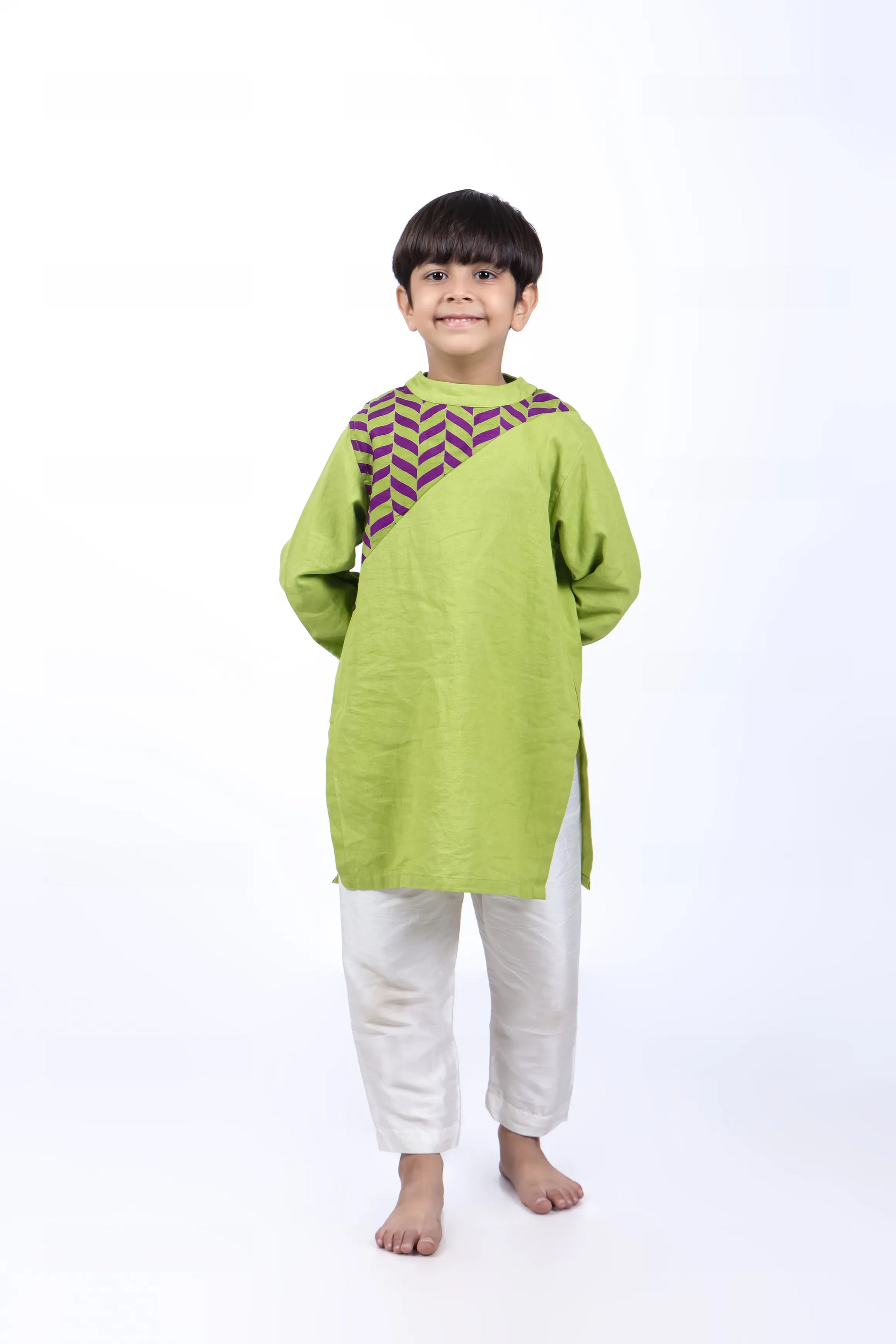 Green Kurta with Purple and Green Printed Yoke with White Pyjama