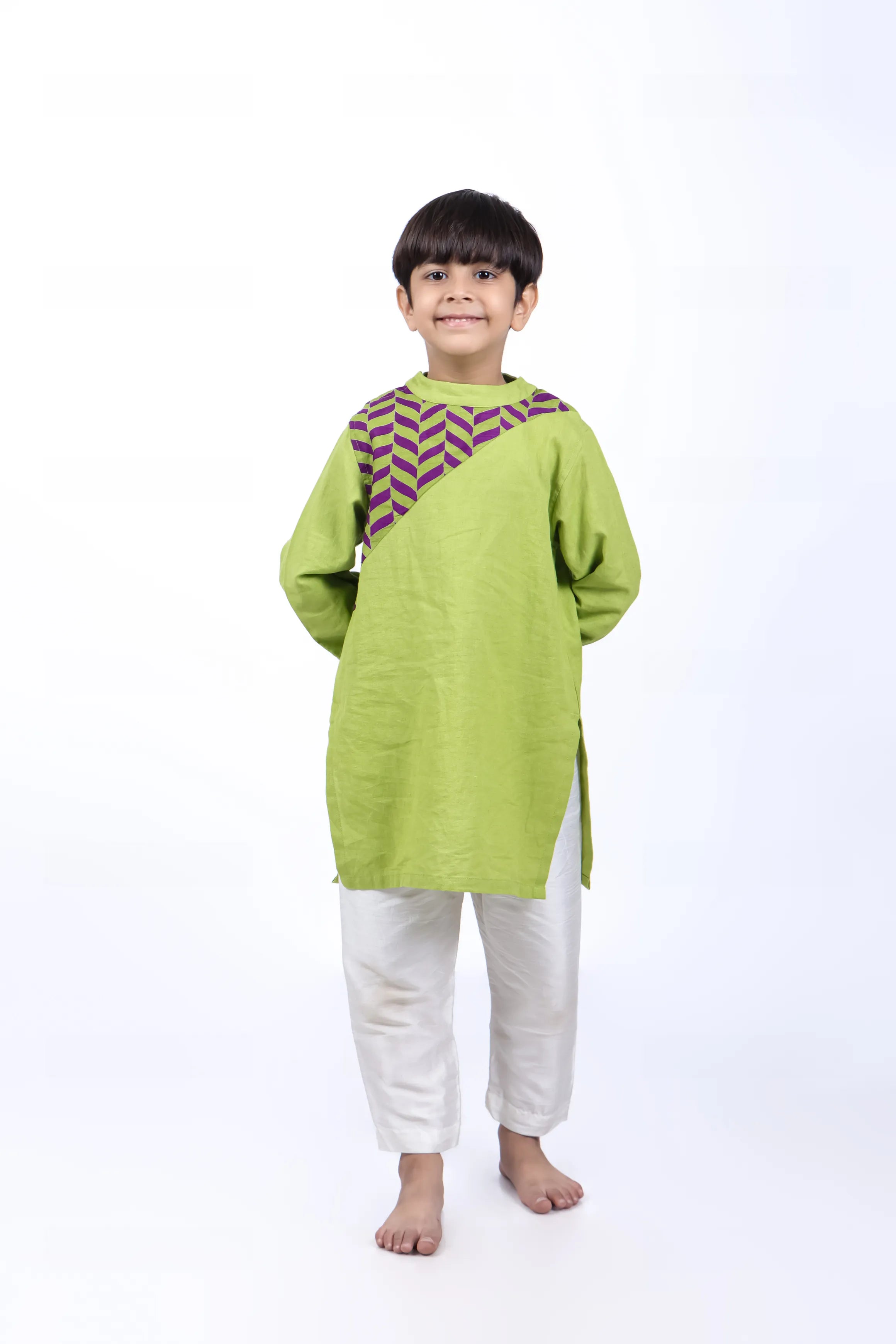 Green Kurta with Purple and Green Printed Yoke with White Pyjama