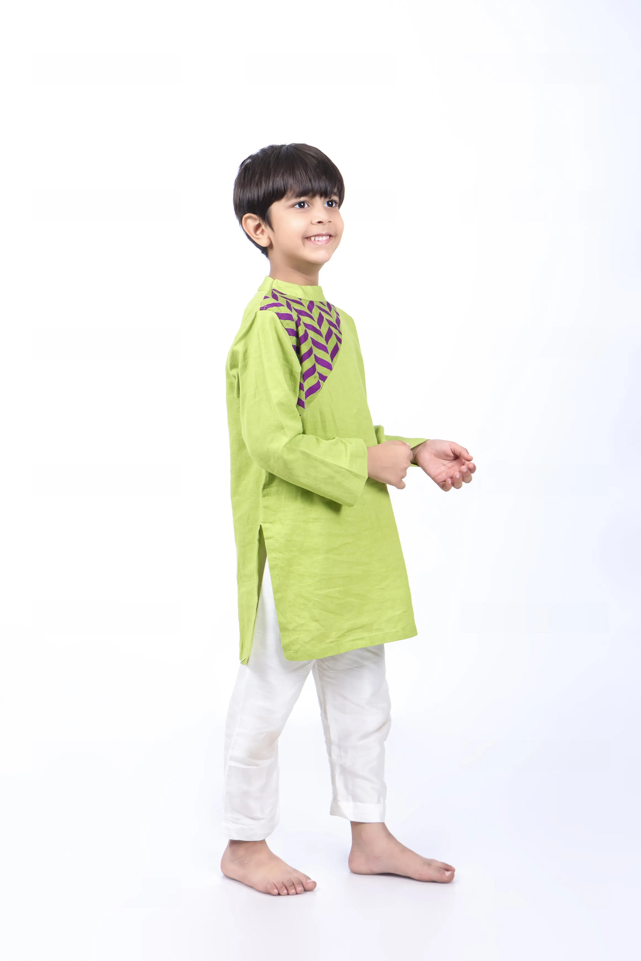 Green Kurta with Purple and Green Printed Yoke with White Pyjama