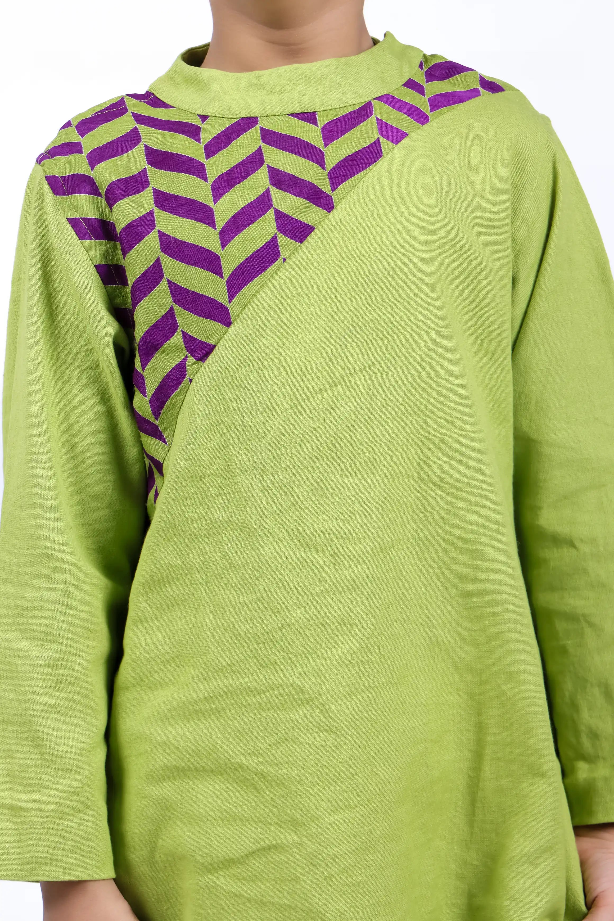 Green Kurta with Purple and Green Printed Yoke with White Pyjama