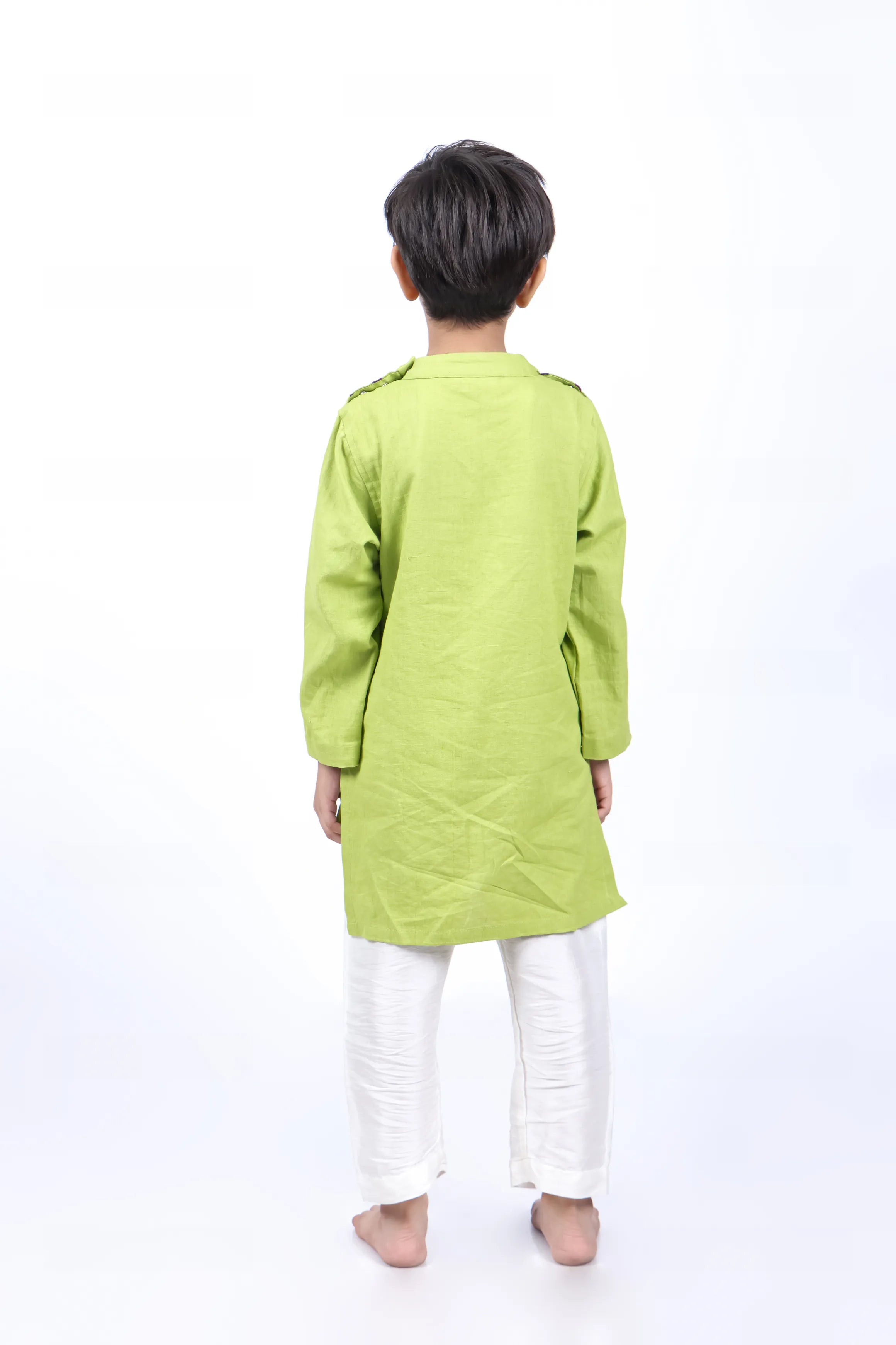 Green Kurta with Purple and Green Printed Yoke with White Pyjama