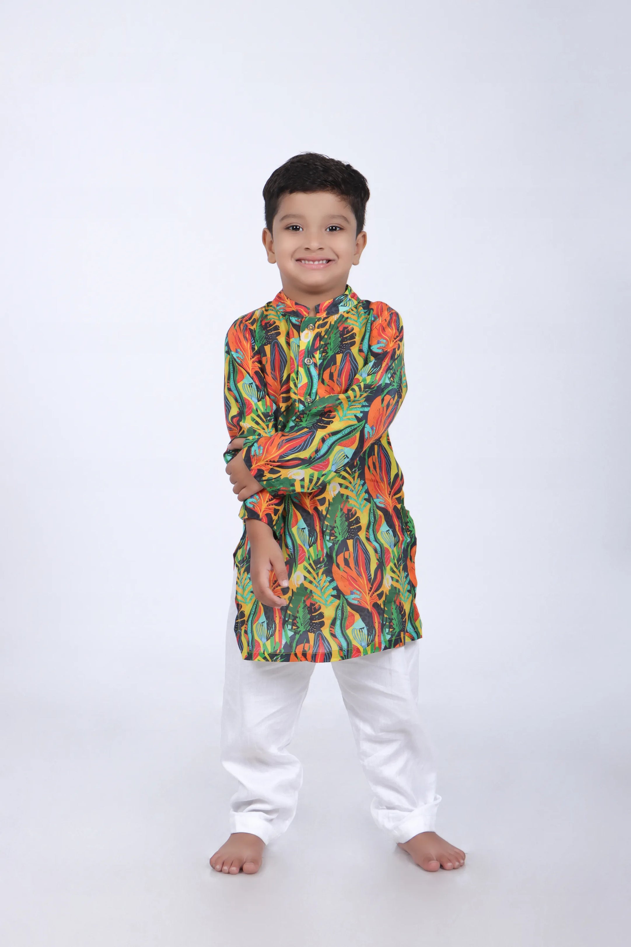 Tropical Printed Kurta with White Pyjama