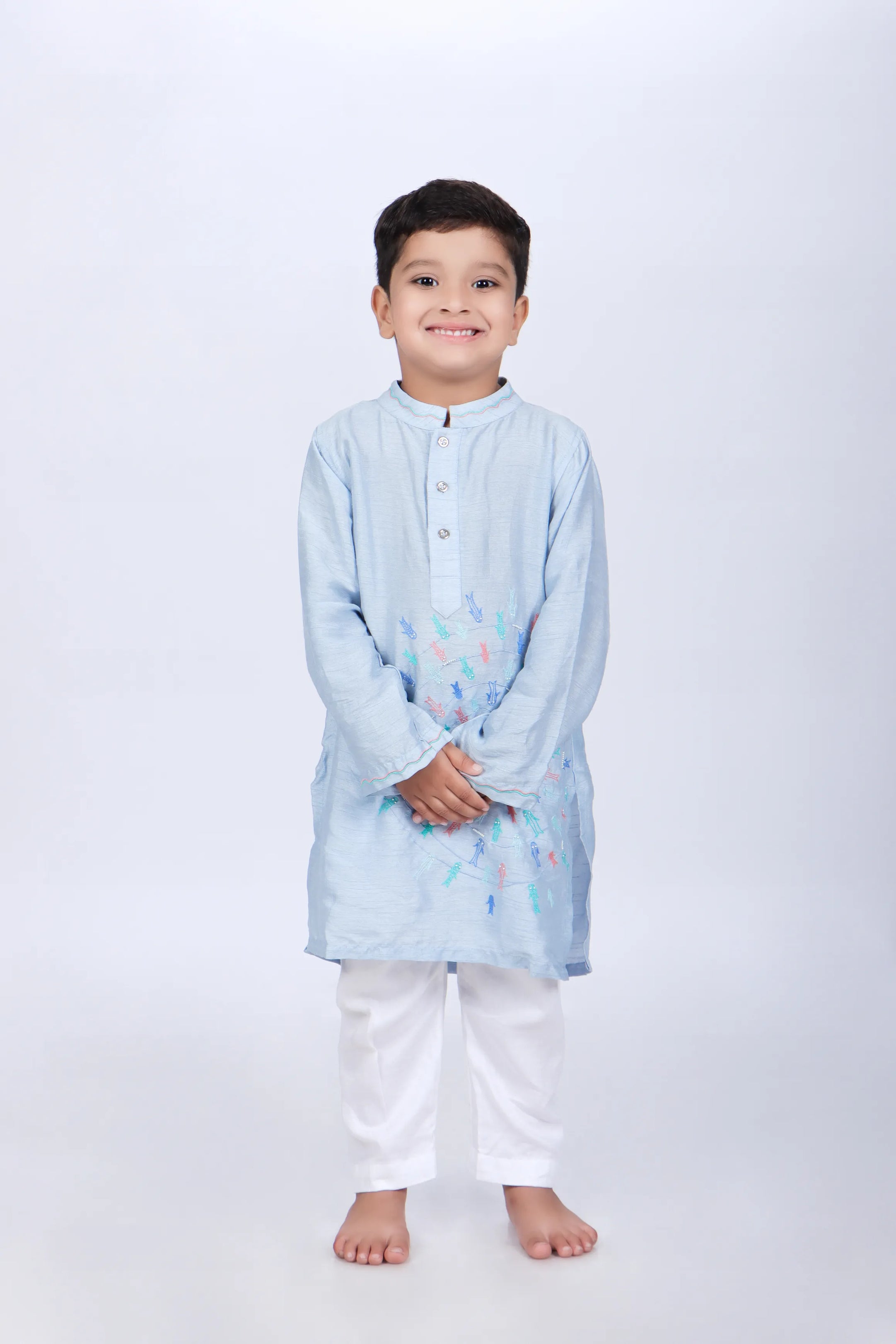 Blue Kurta with Colorful Fish Embroidery with White Pyjama