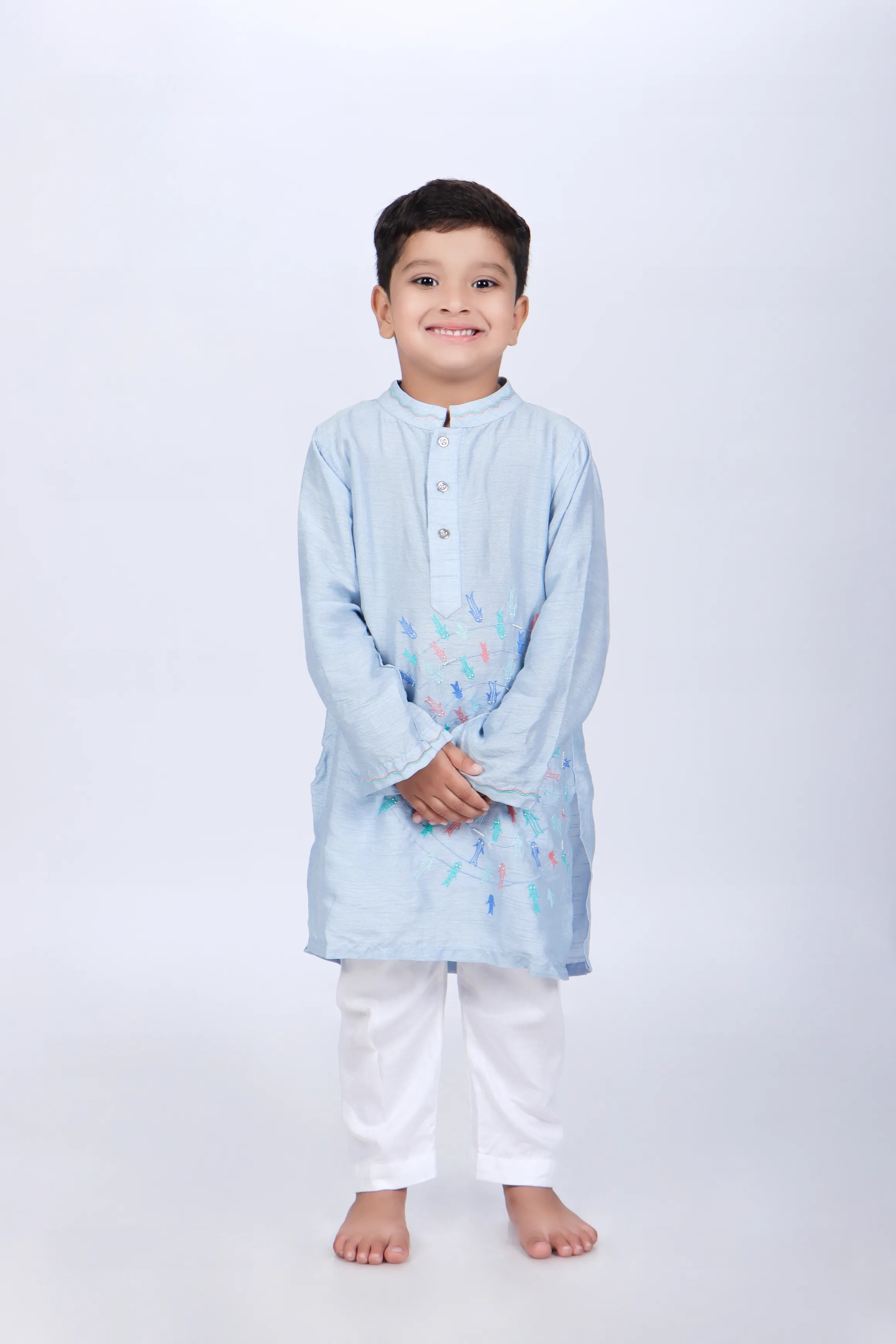Blue Kurta with Colorful Fish Embroidery with White Pyjama