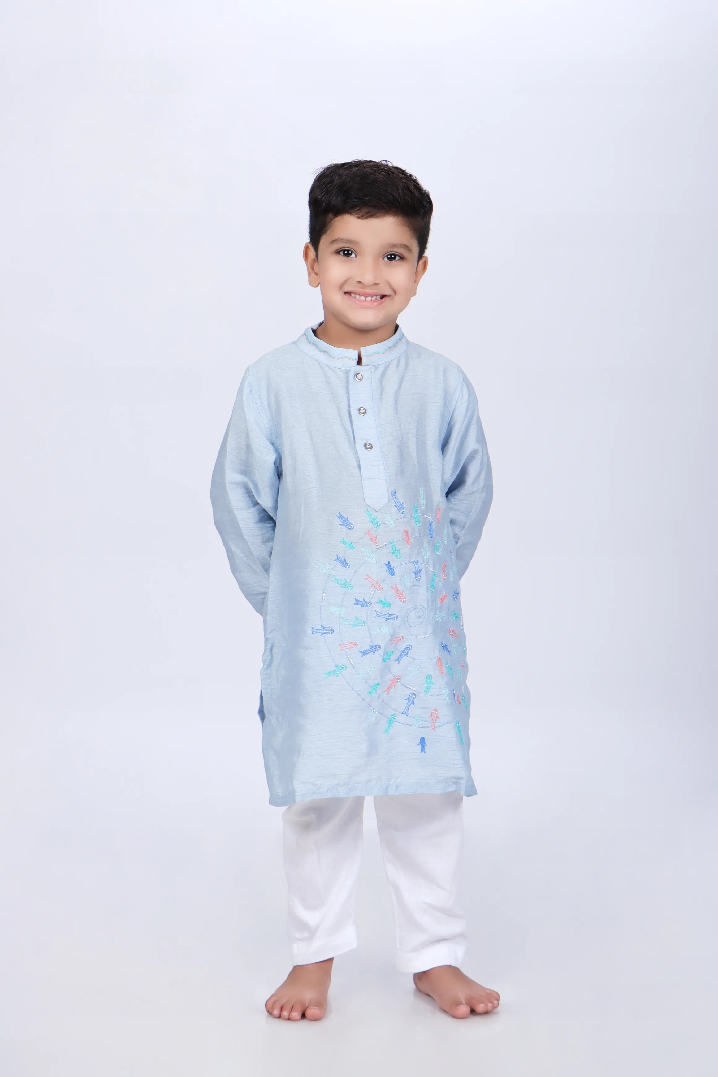 Blue Kurta with Colorful Fish Embroidery with White Pyjama