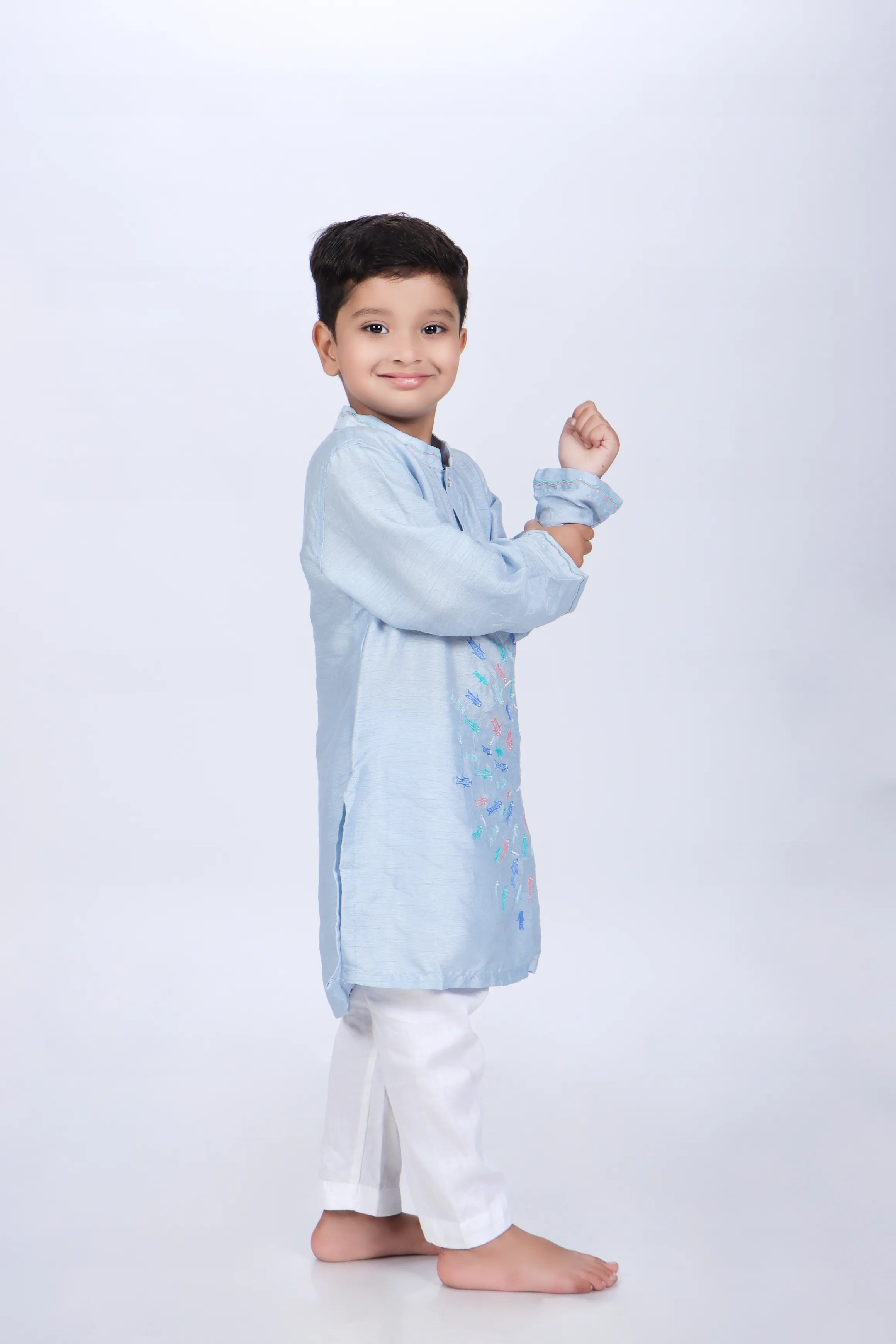 Blue Kurta with Colorful Fish Embroidery with White Pyjama