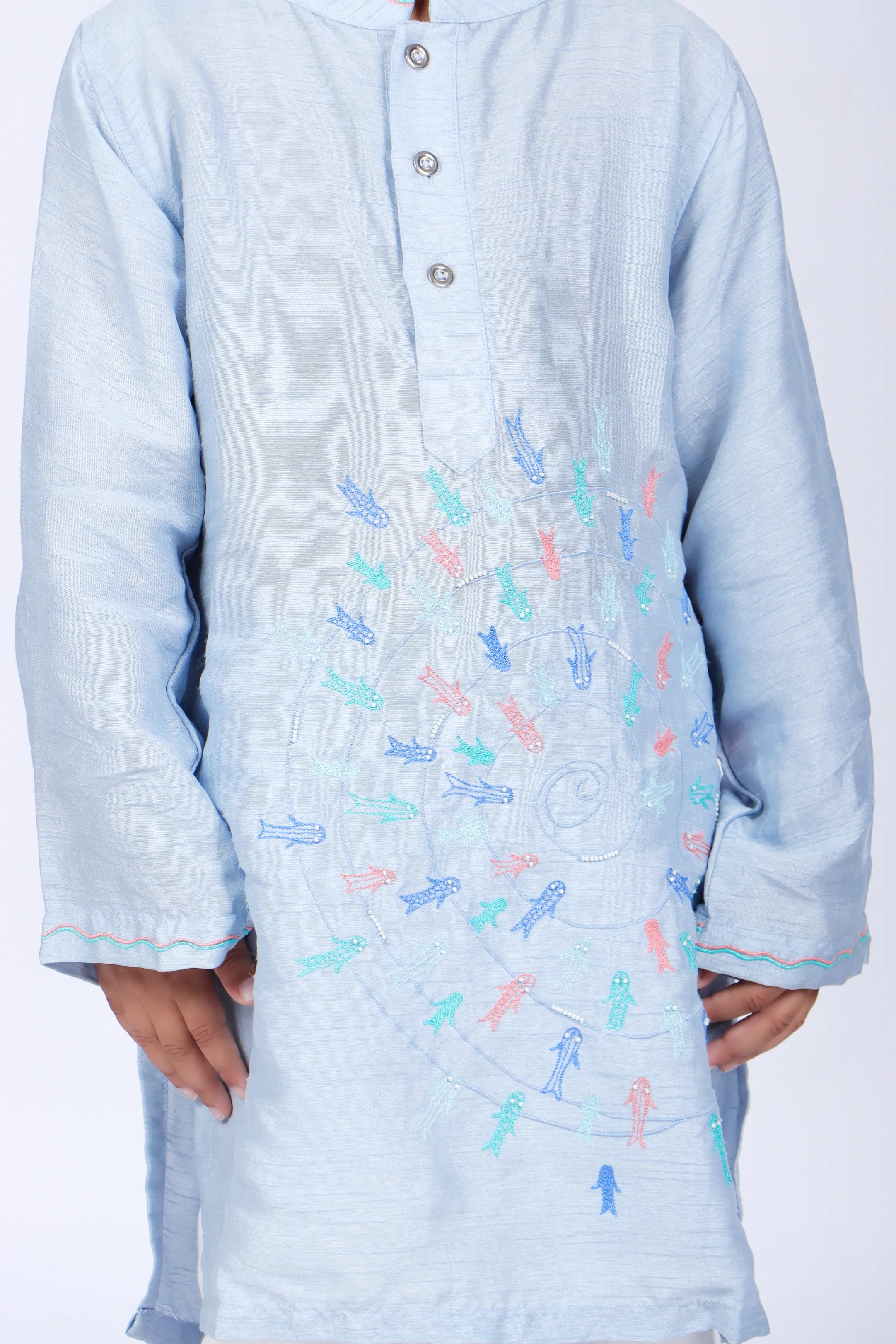 Blue Kurta with Colorful Fish Embroidery with White Pyjama