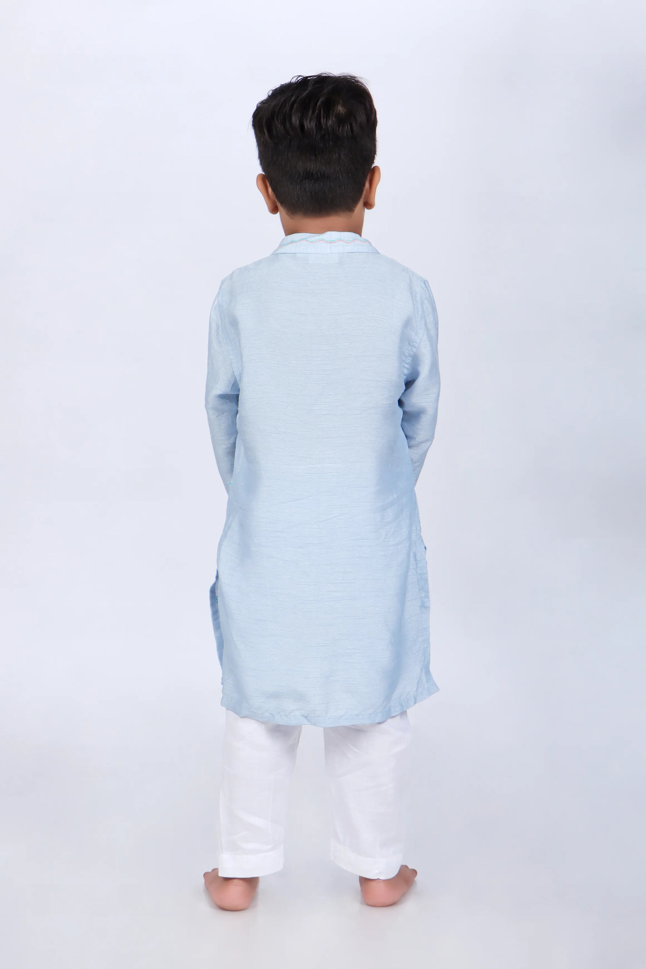 Blue Kurta with Colorful Fish Embroidery with White Pyjama