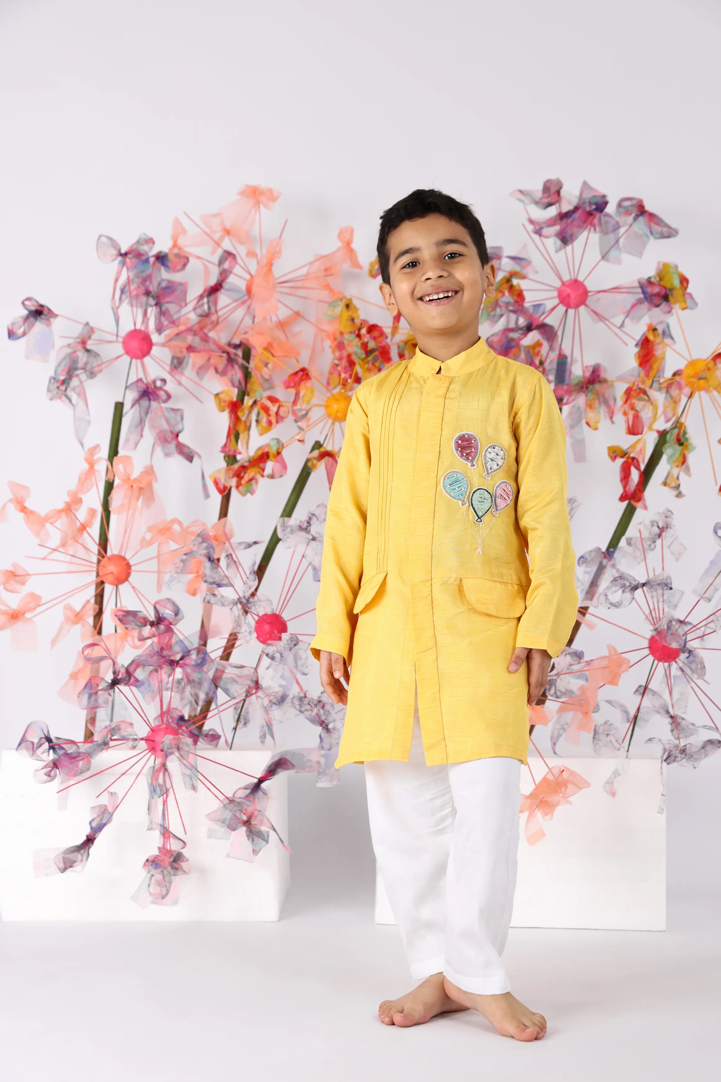 Hand Embroidered Achkan with Yellow Balloons and White Pyjama