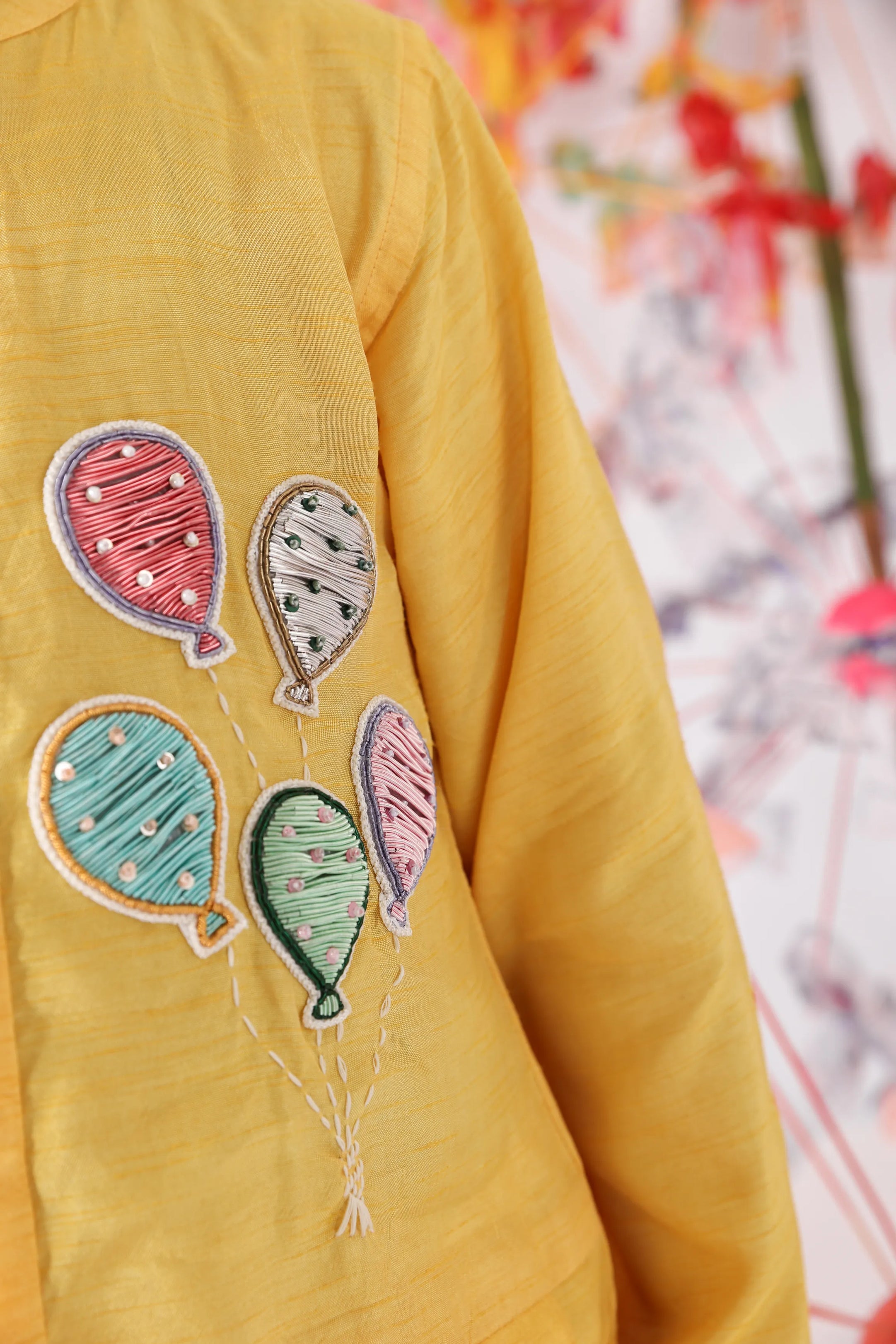 Hand Embroidered Achkan with Yellow Balloons and White Pyjama
