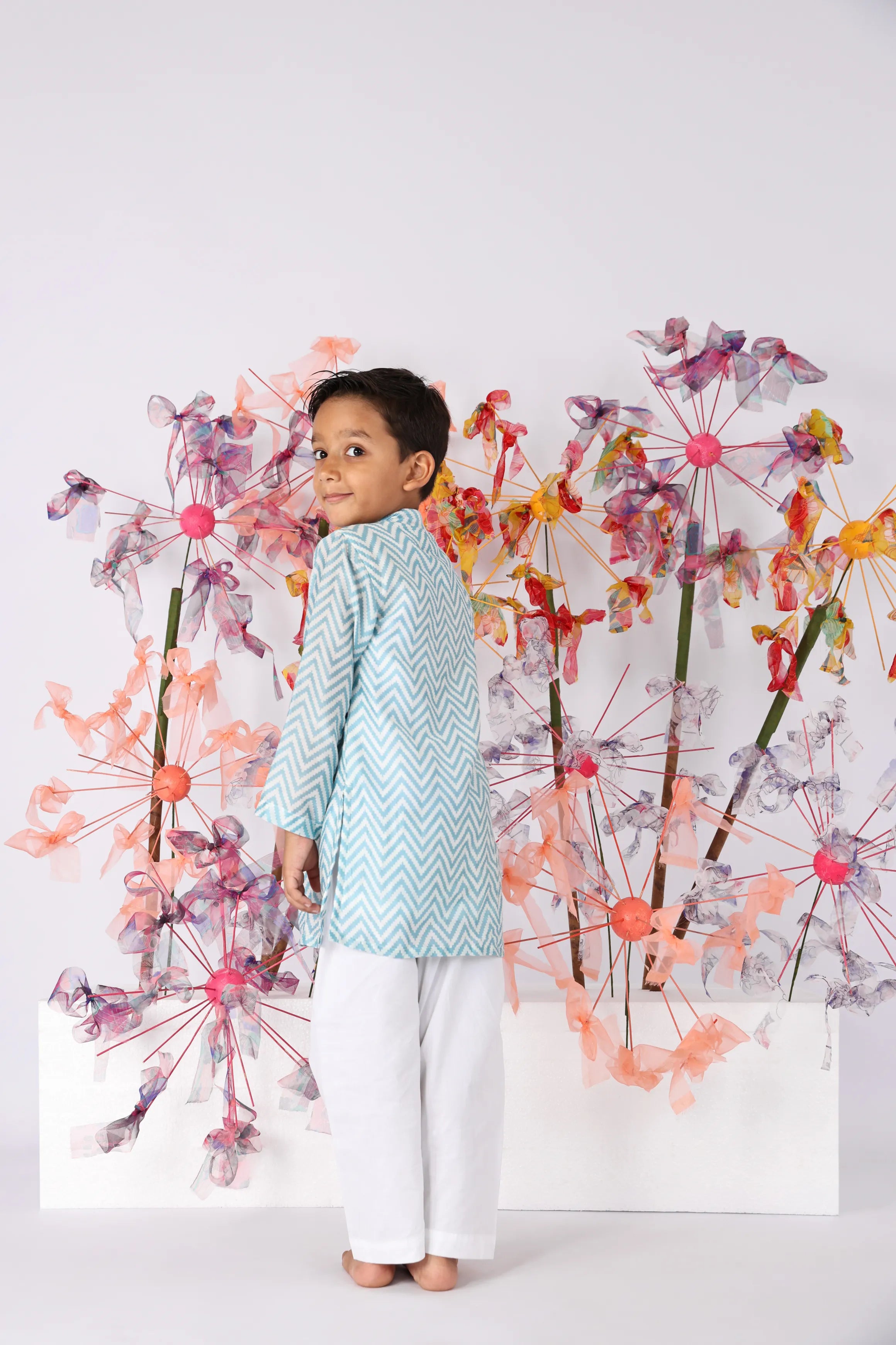 Blue Chanderi Chevron Print Kurta with Embroidered Turtle and White Pyjama