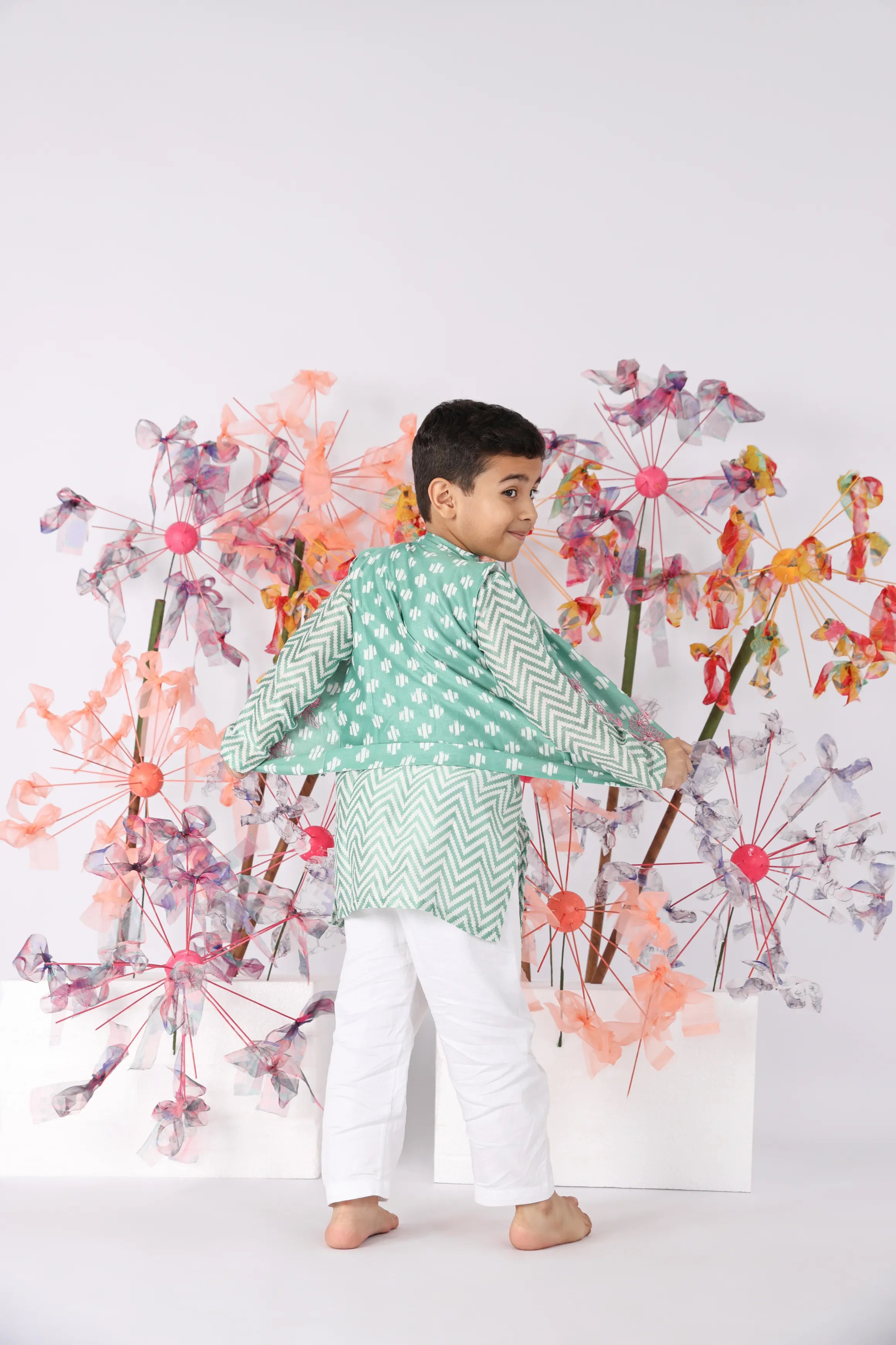 Green Chanderi Chevron Print Kurta with Embroidered Green Jacket and White Pyjama