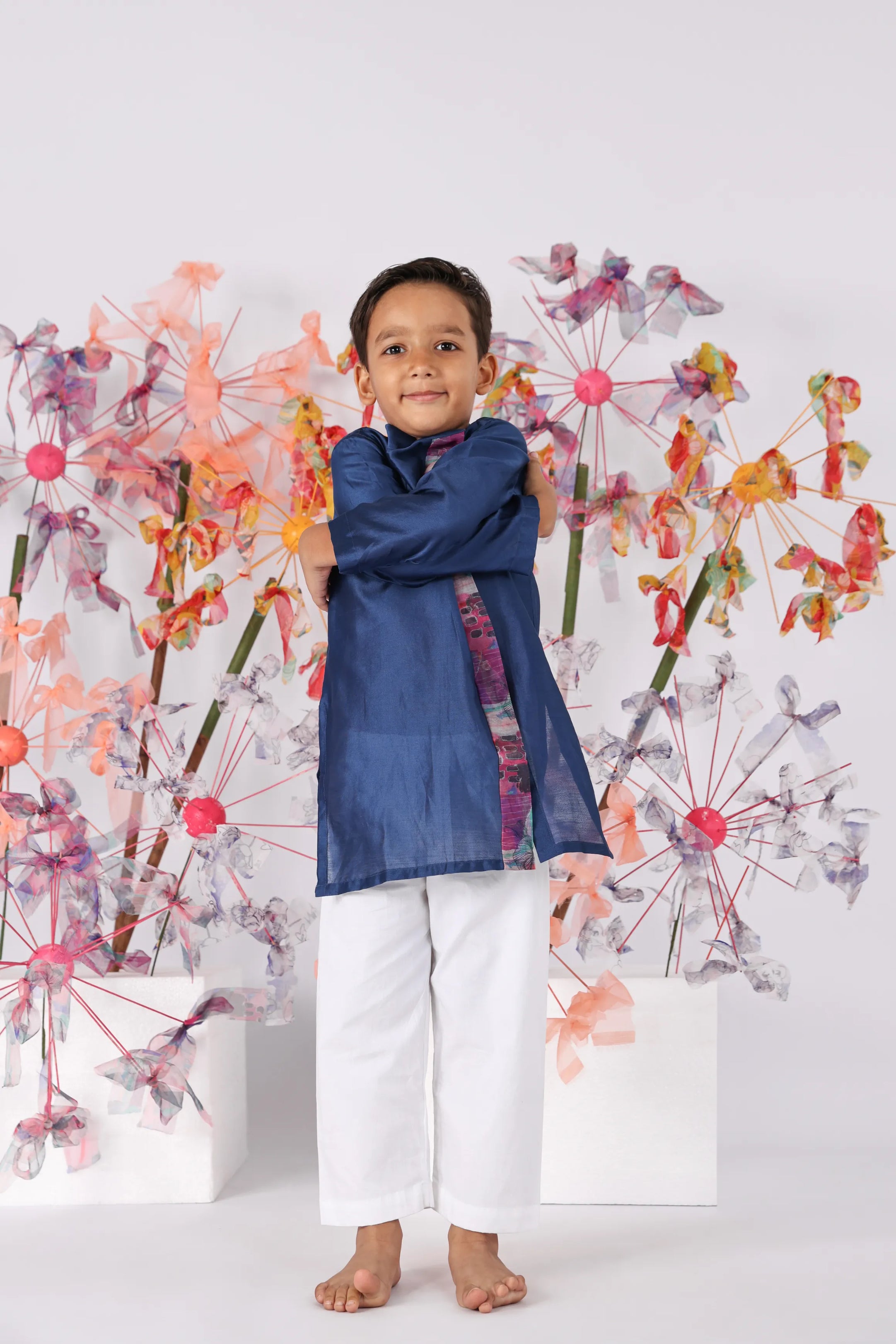 Dark Blue Kurta with Printed Panel and White Pyjama