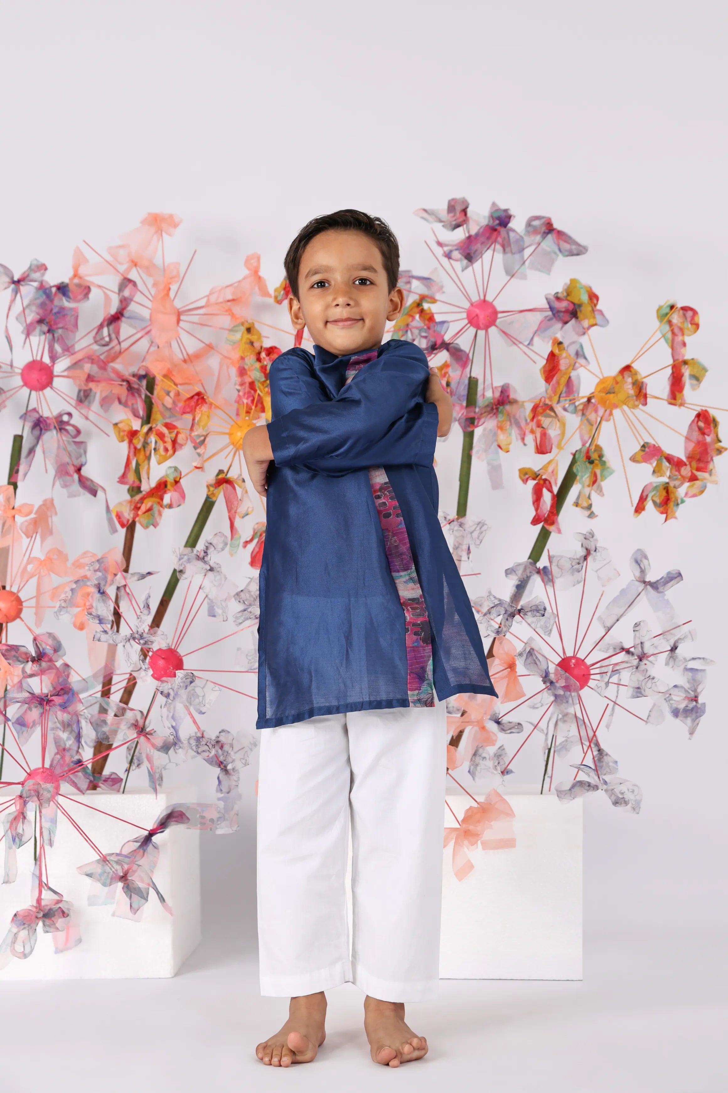 Dark Blue Kurta with Printed Panel and White Pyjama