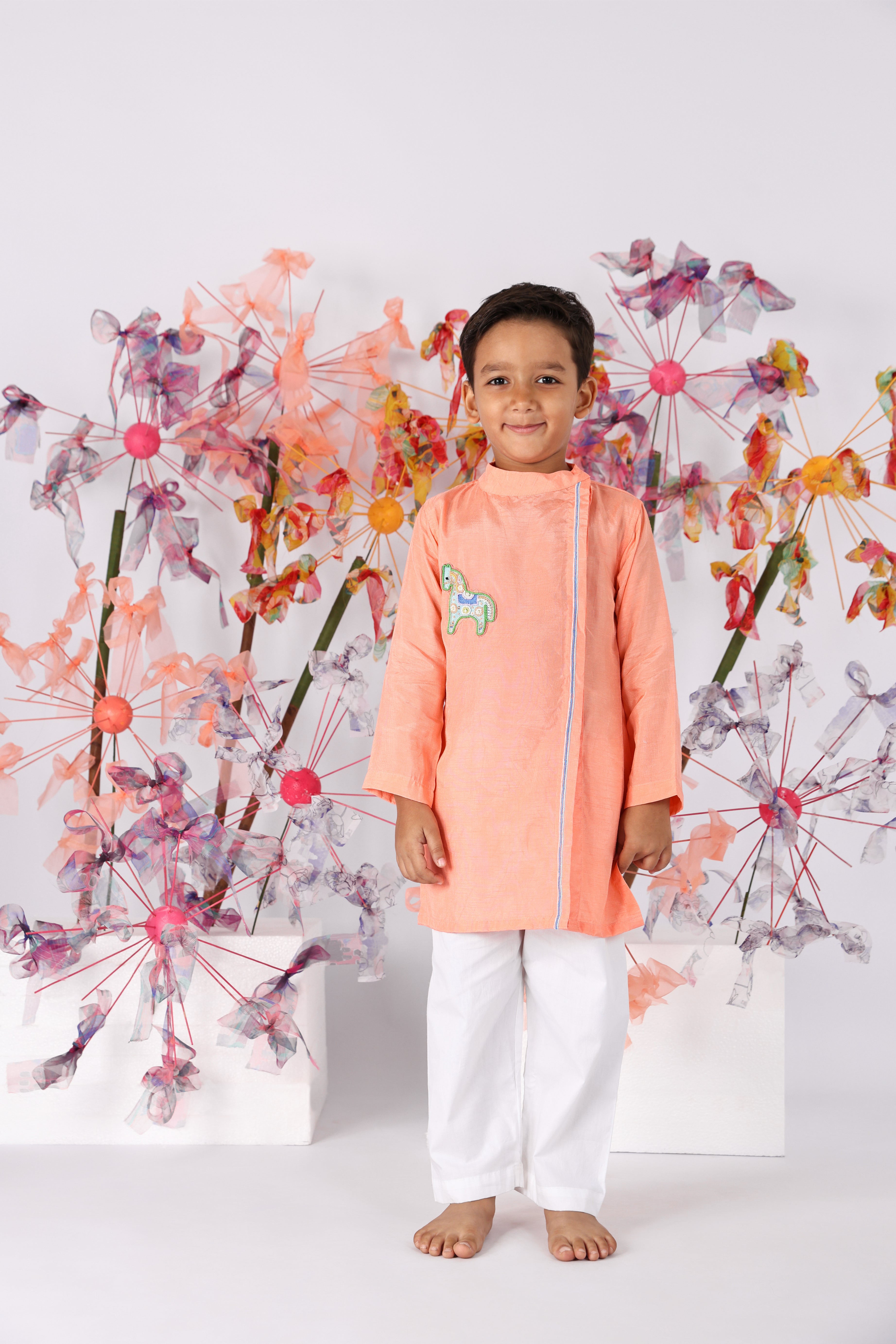 Dark Peach Bamberg Silk Kurta with Embroidered Horse and White Pyjama