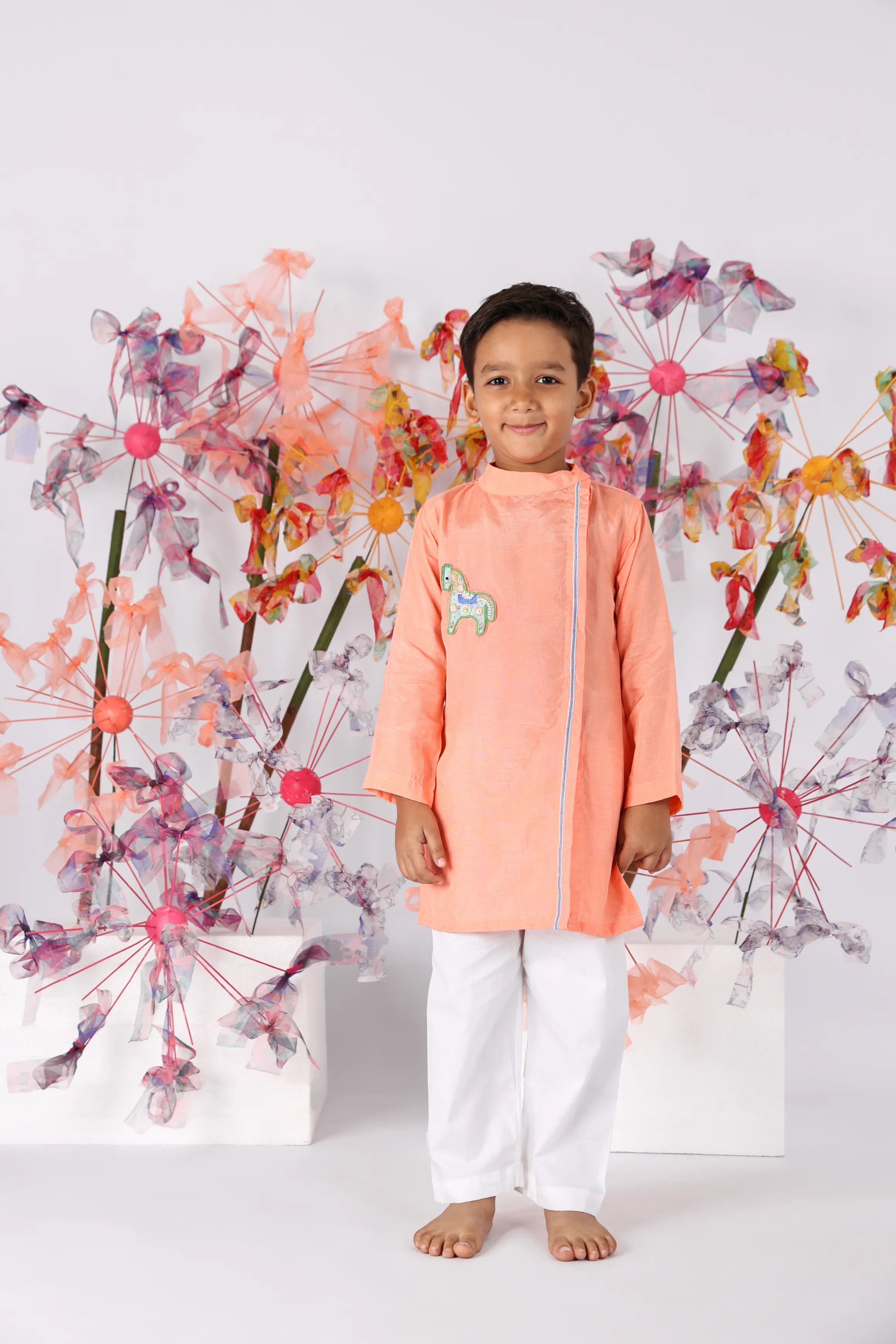 Dark Peach Bamberg Silk Kurta with Embroidered Horse and White Pyjama