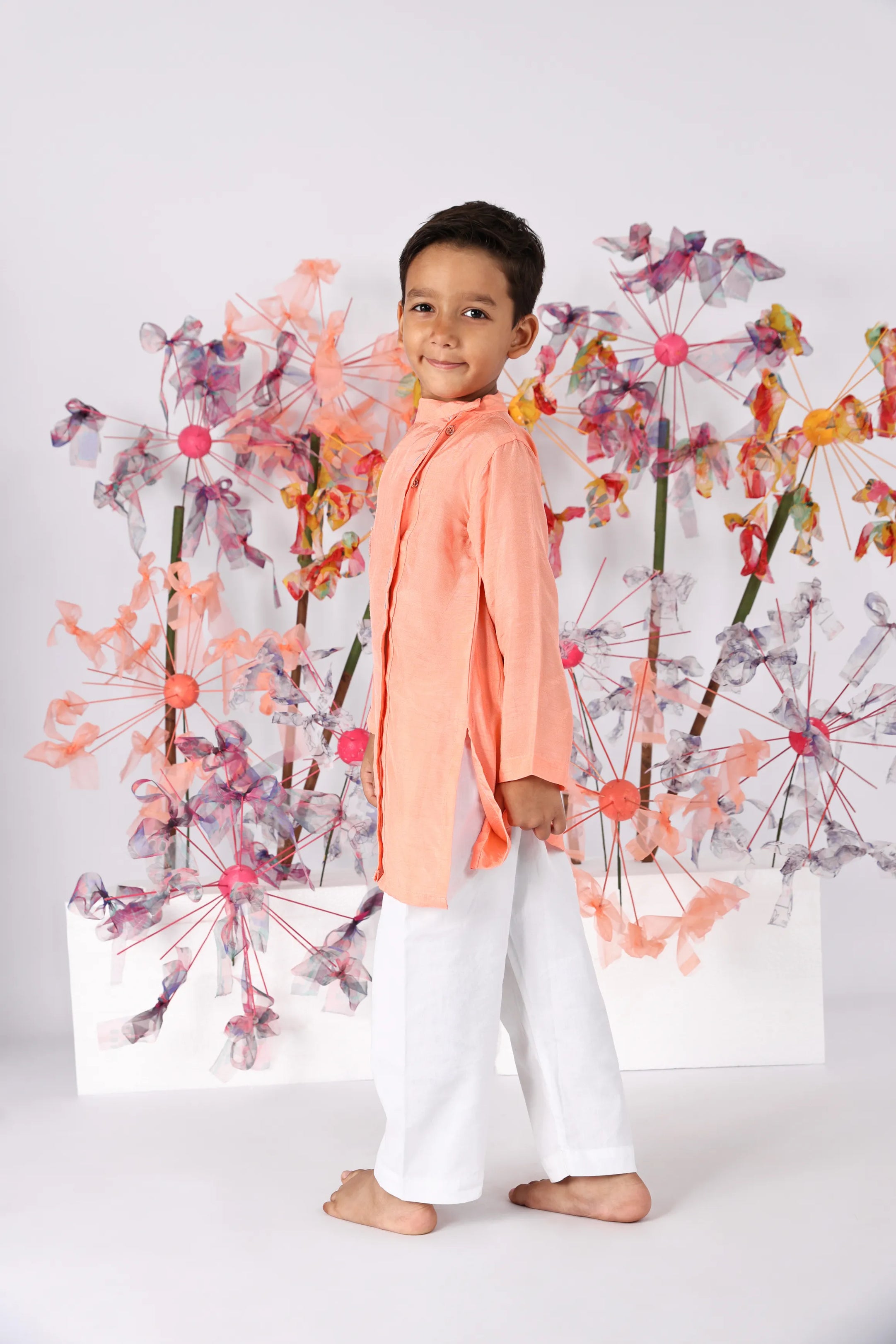 Dark Peach Bamberg Silk Kurta with Embroidered Horse and White Pyjama