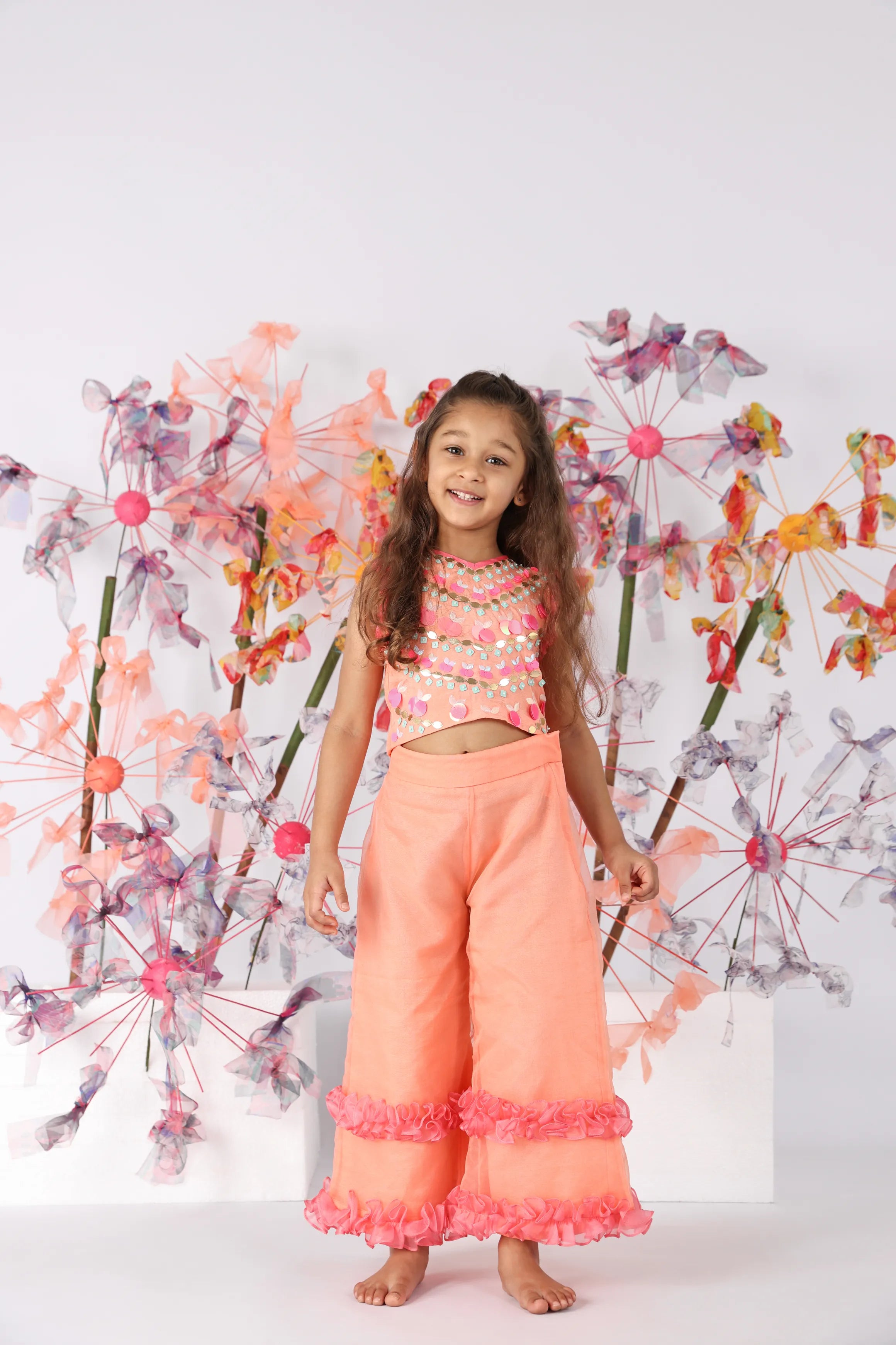 Hand Embroidered Dark Peach Tie-Up Top with Flare Organza Pants