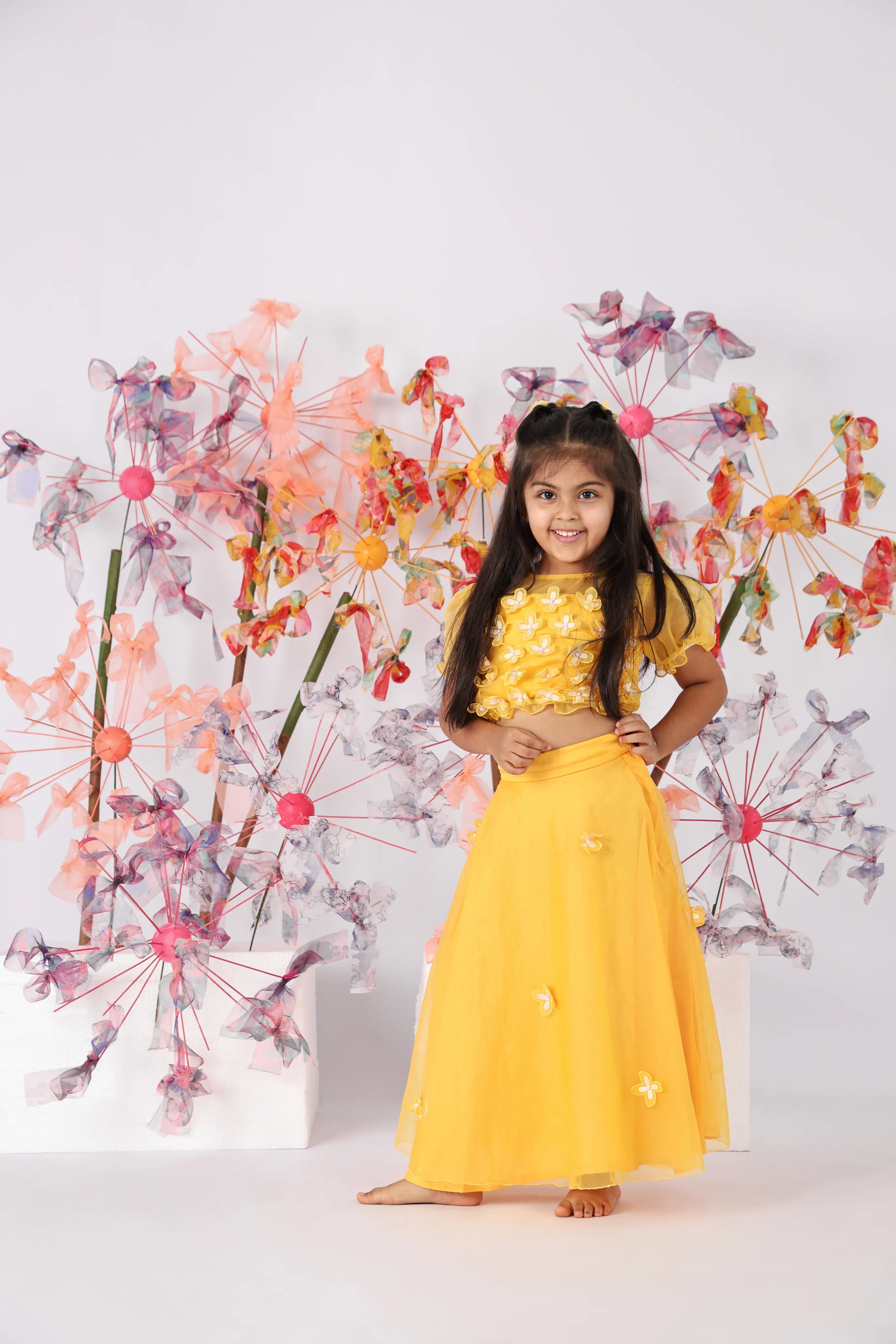 Yellow Organza Top with Puffed Sleeves and Organza Lehenga