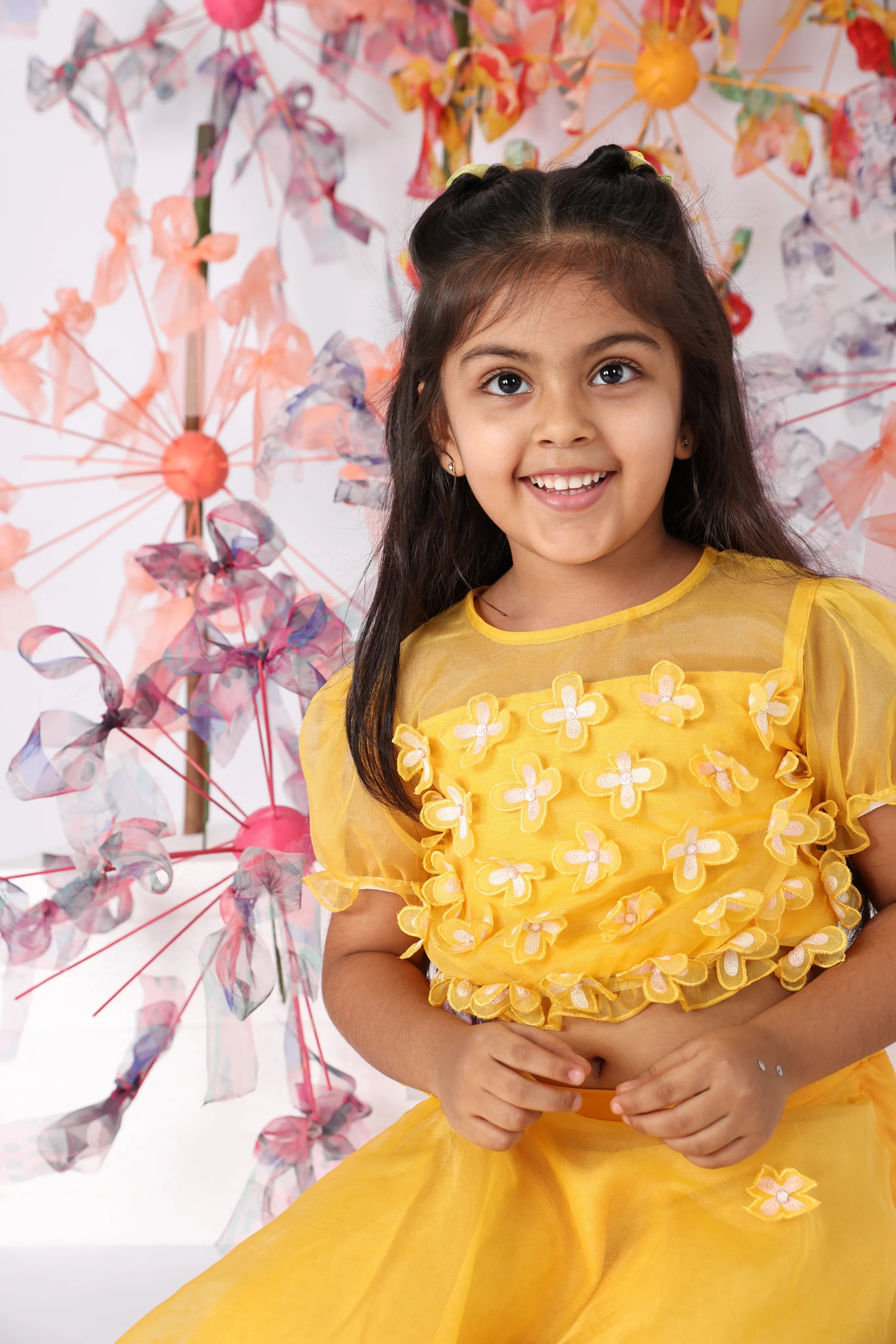 Yellow Organza Top with Puffed Sleeves and Organza Lehenga