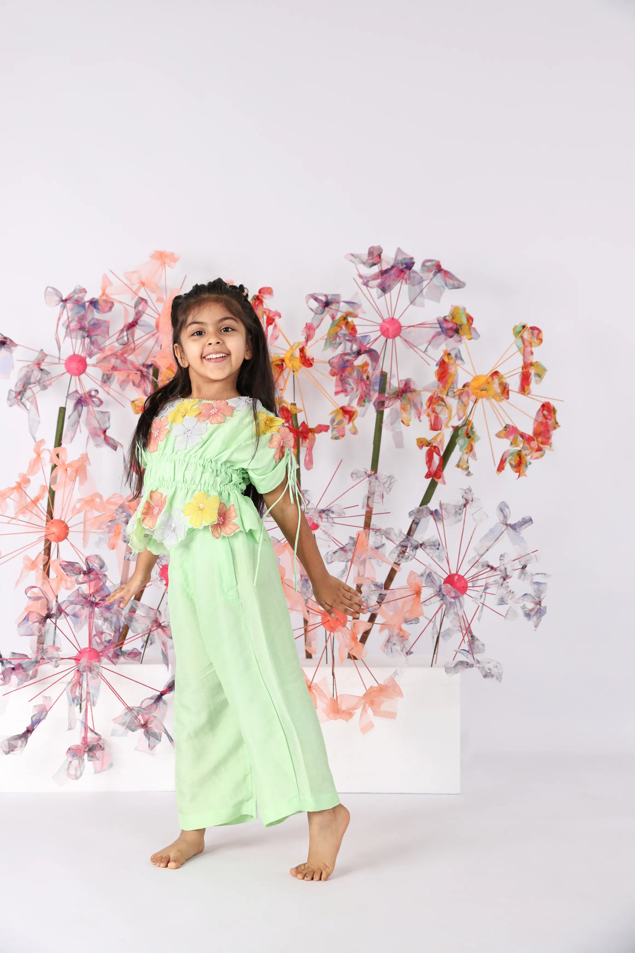 Light Green Hand Embroidered Top with Drawstring Sleeves and Green Pants