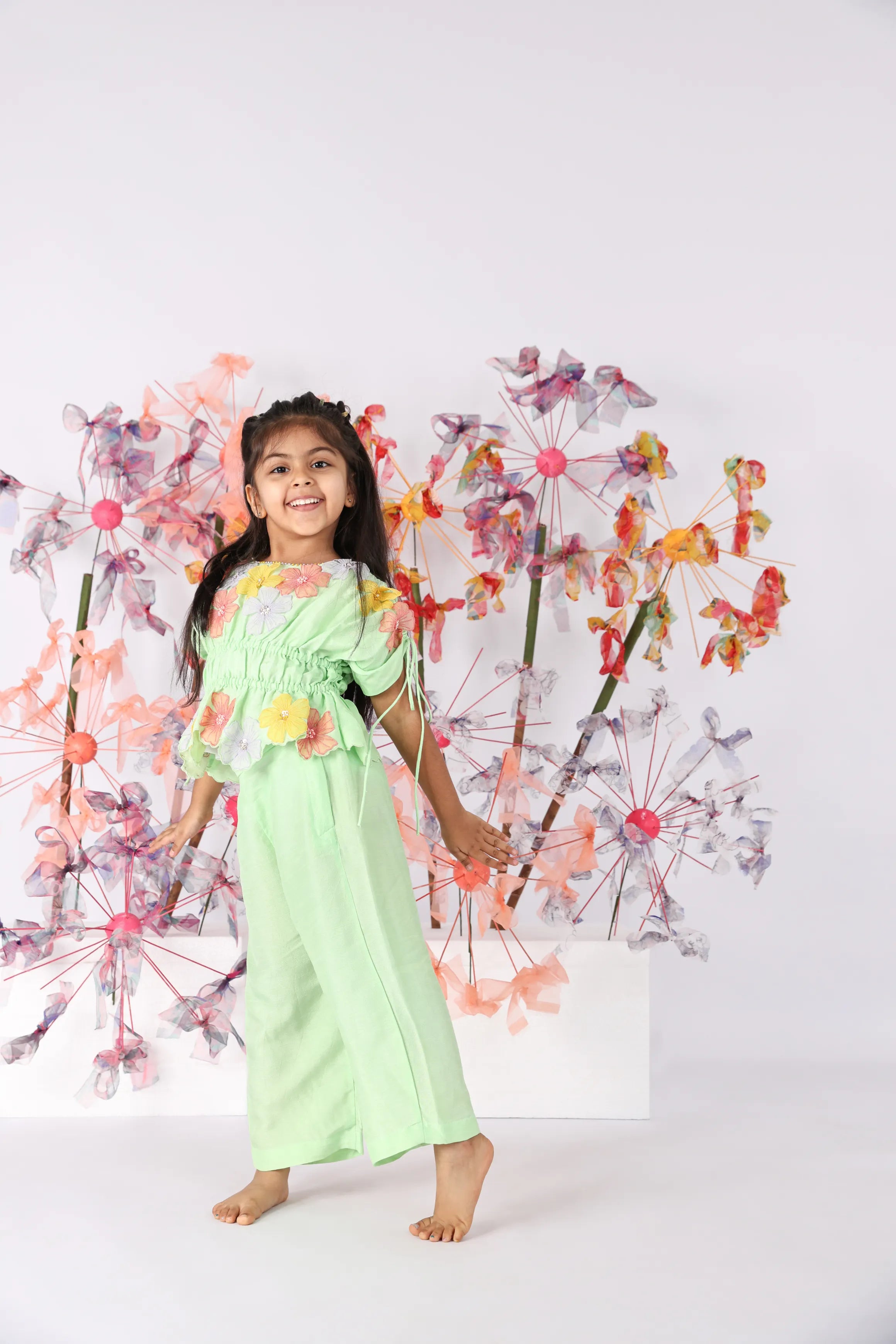 Light Green Hand Embroidered Top with Drawstring Sleeves and Green Pants