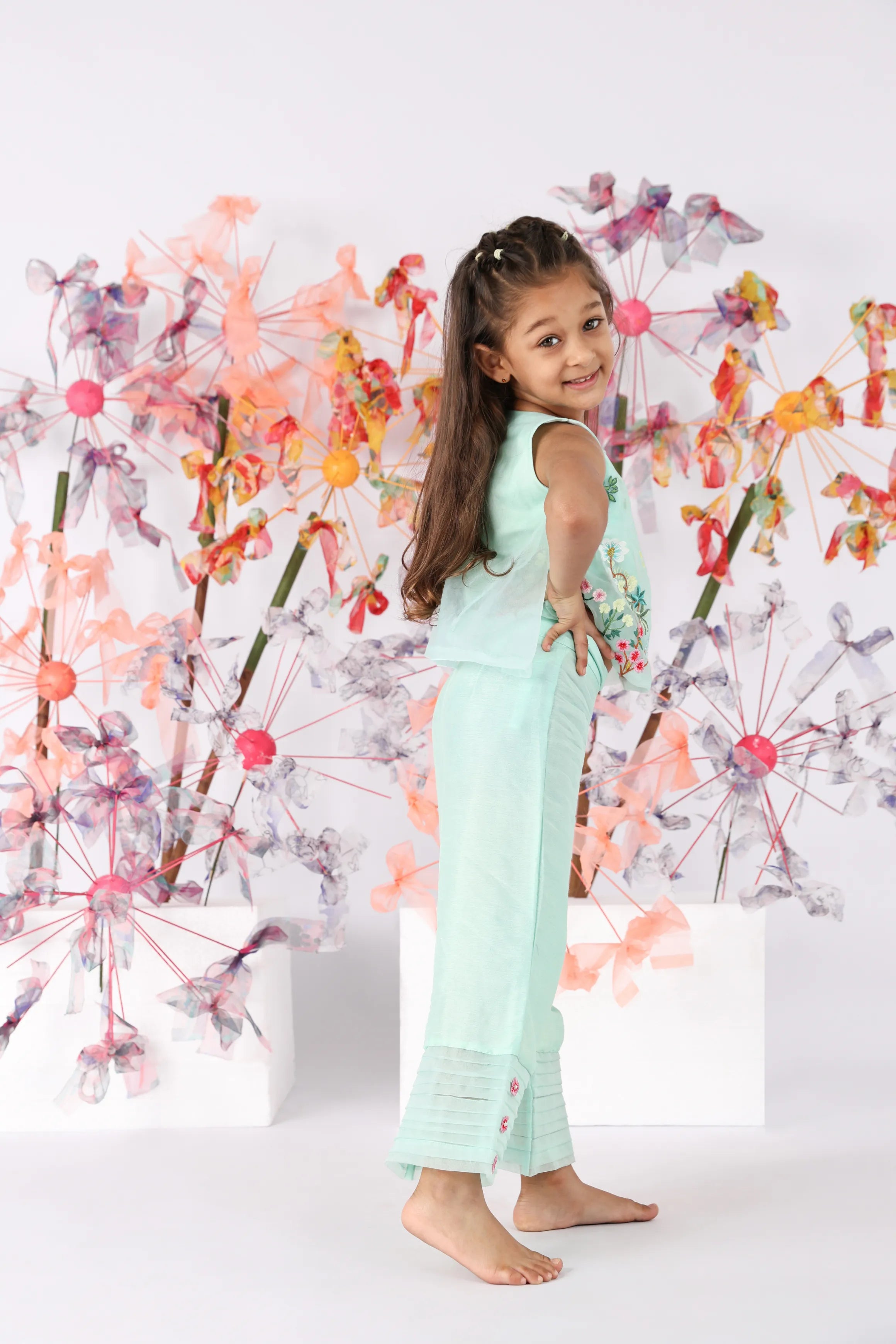 Dark Mint Sleeveless Organza Top with Pastel Floral Embroidery and Silk Pants