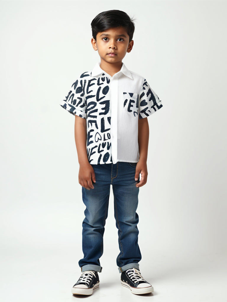 Graphic Love Print Boys Cotton Shirt