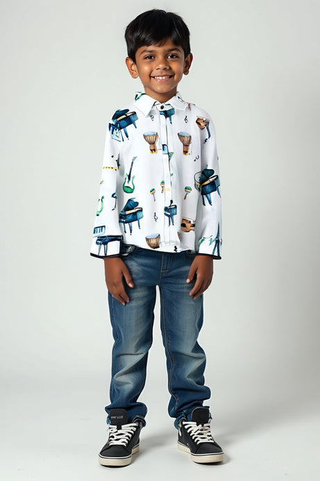 Musical Instruments Print Boys Cotton Shirt