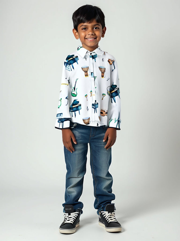 Musical Instruments Print Boys Cotton Shirt