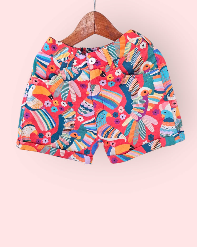 Tropical Birds Print Red Cotton Boys Shorts