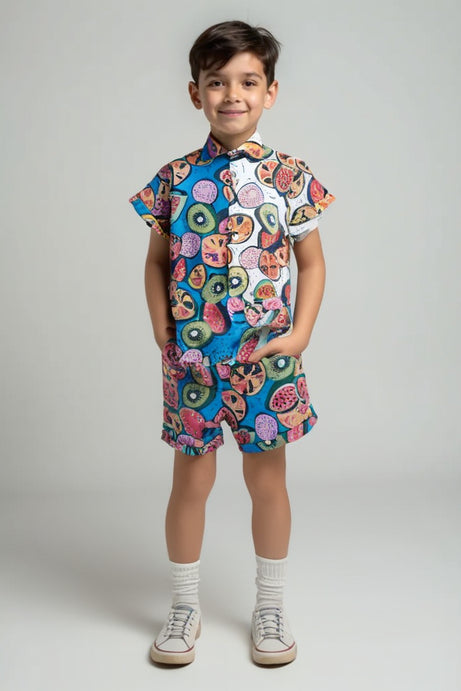 Citrus Splash Dual Tone Boys Cotton Shirt and Shorts