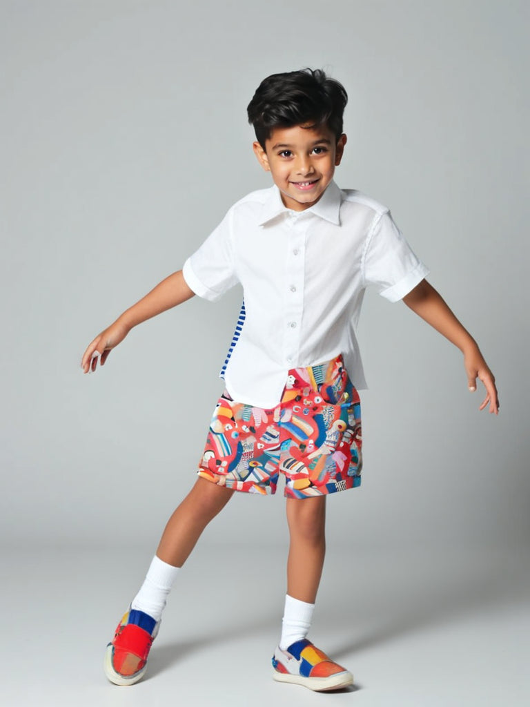 White Shirt & Tropical Bird Print Shorts Boys Cotton Set