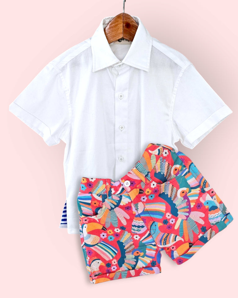 White Shirt & Tropical Bird Print Shorts Boys Cotton Set