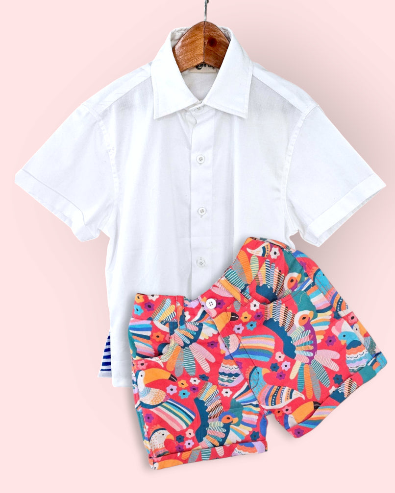 White Shirt & Tropical Bird Print Shorts Boys Cotton Set