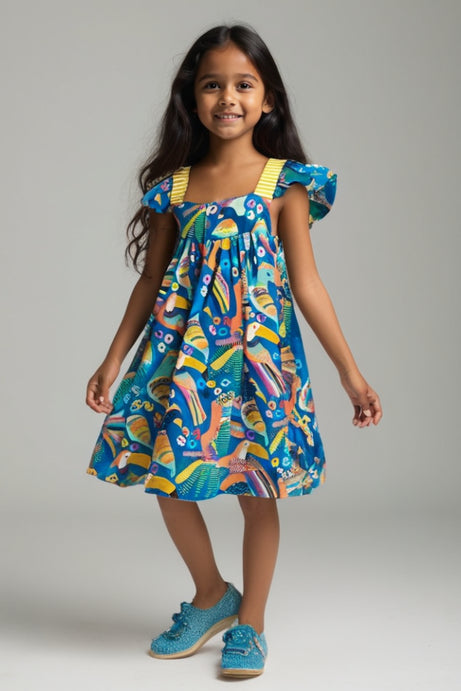 Tropical Tweet Bird Cotton Blue Dress