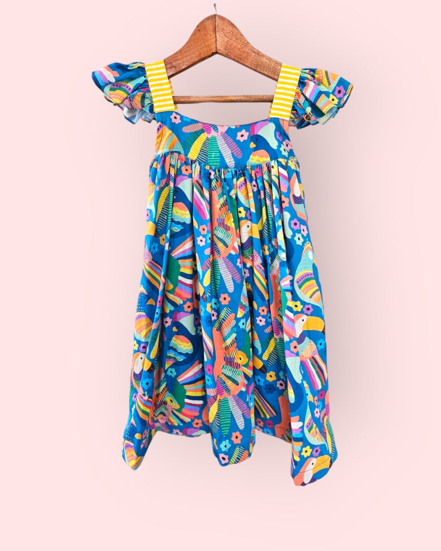 Tropical Tweet Bird Cotton Blue Dress