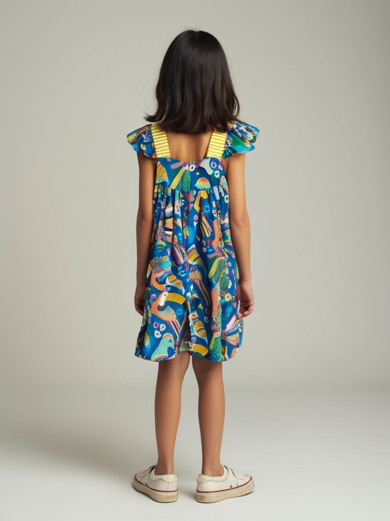 Tropical Tweet Bird Cotton Blue Dress