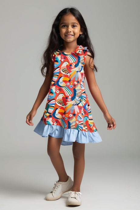 Toucan Tango Ruffle Cotton Red Dress