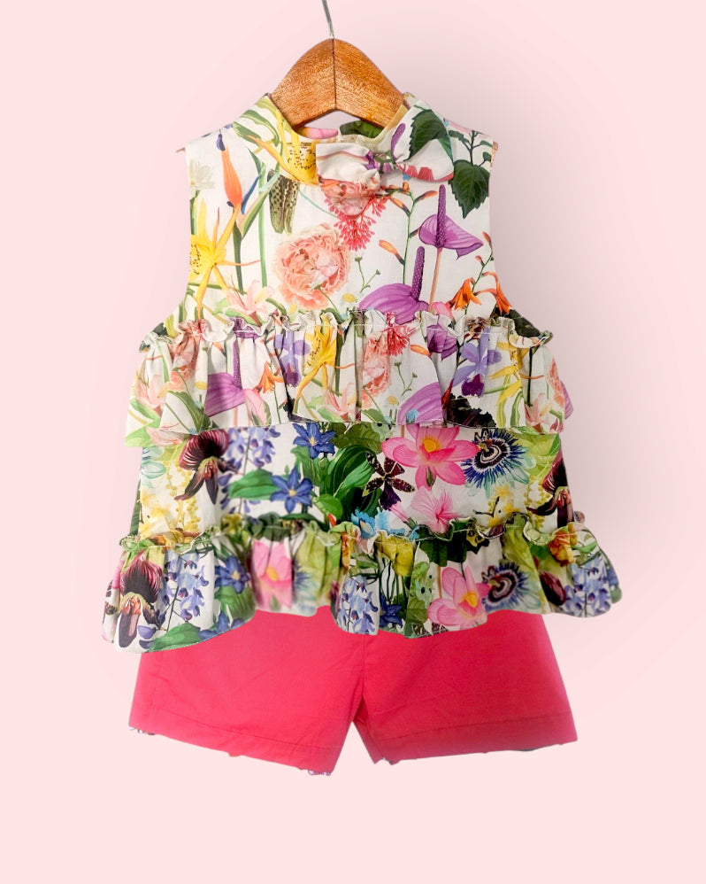 Floral Ruffle Cotton Top & Shorts Set