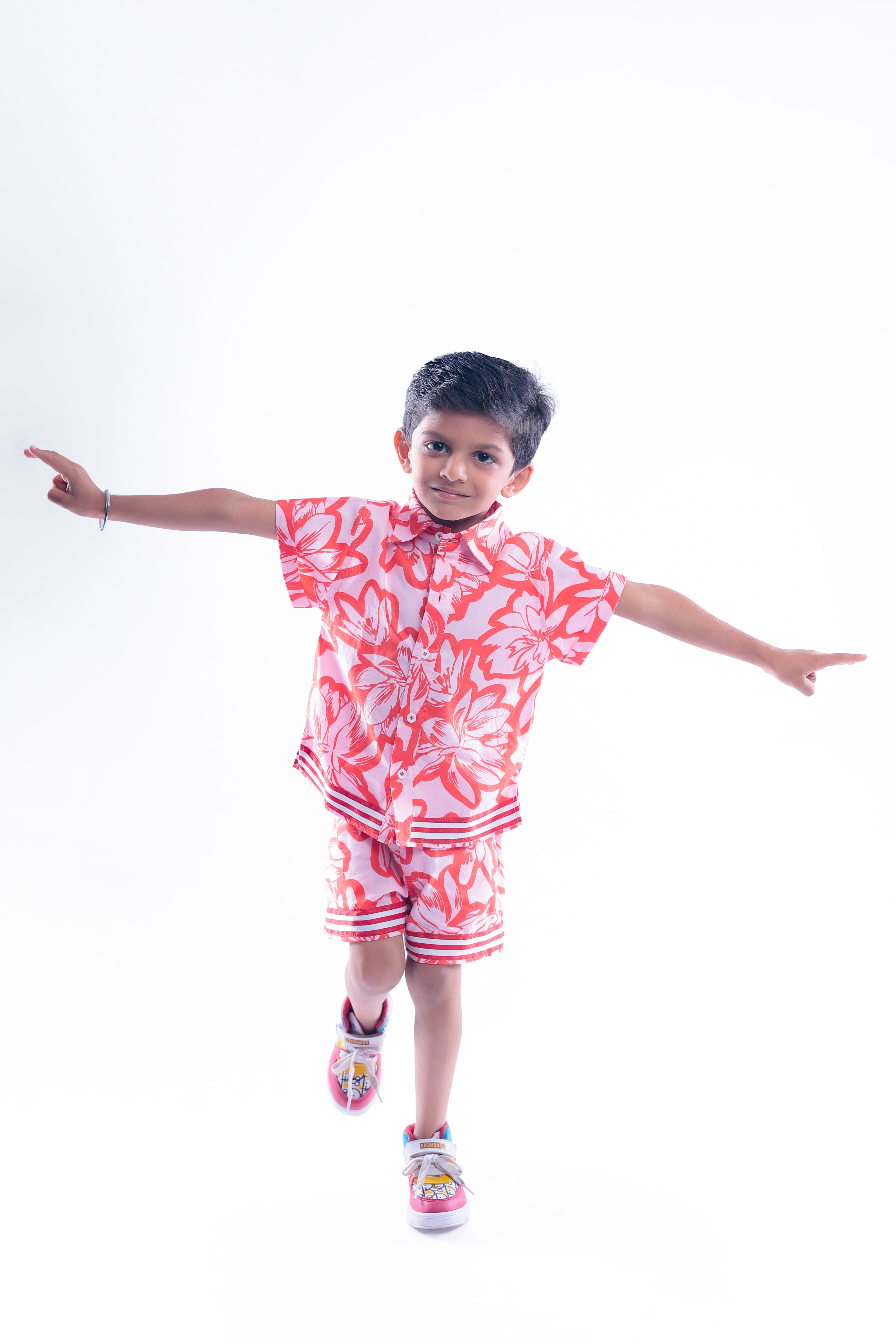 Red and Pink Floral Print Shirt and Shorts